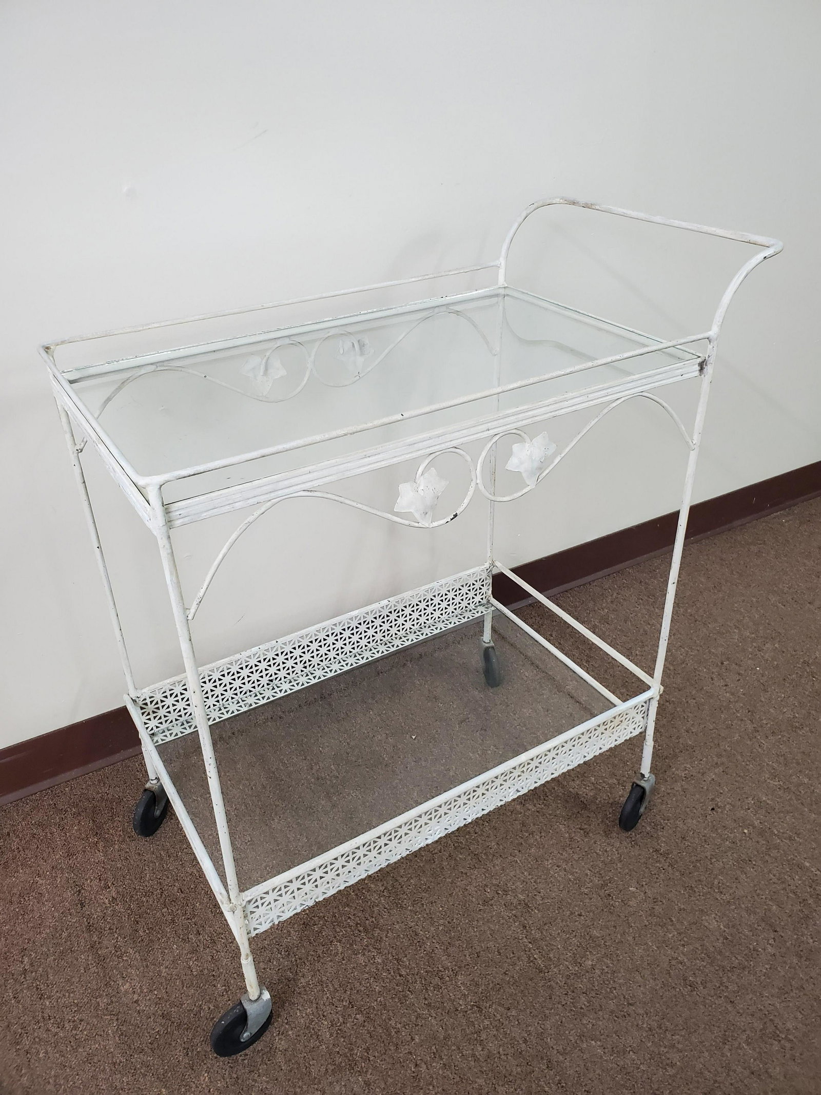 Metal Tea Cart With Glass Shelves: 15 1/4" wide X 28 1/2" deep X 33" high. IMPORTANT: Before bidding, please read the terms and conditions. When you registered for the auction you agreed to these terms and will be required to comply wi