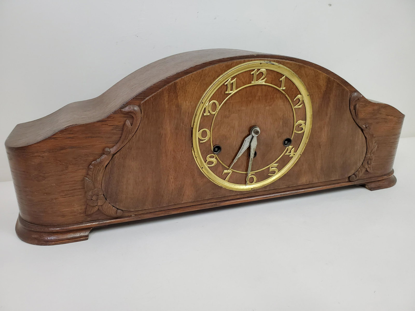 Mantel Clock: 24" wide X 6" deep X 8 1/2" high. Running. IMPORTANT: Before bidding, please read the terms and conditions. When you registered for the auction you agreed to these terms and will be required to comply