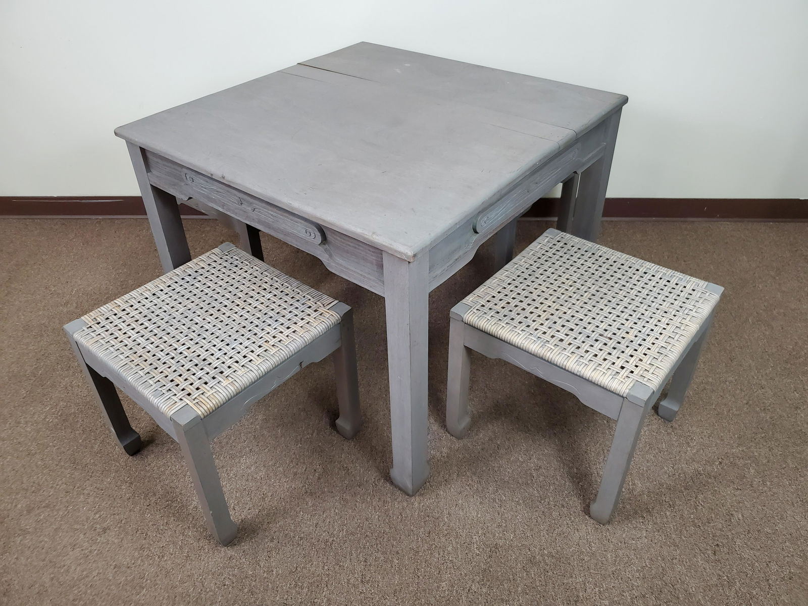 Carved Asian Table With 4 Caned Stools (1 of 6)