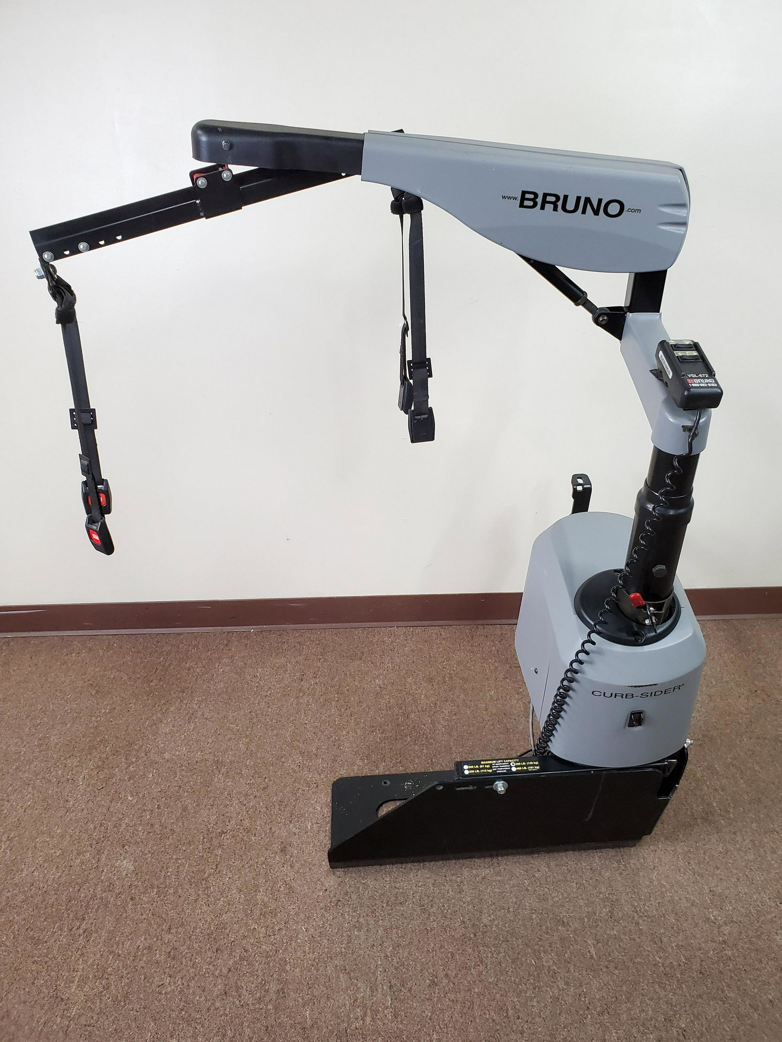 Bruno Curb-Sider VSL-672 Power Chair Lift: 30" wide X 30" deep X 51 1/2" high. Lift power supply from vehicle to life chair into vehicle. Maximum lift capacity 300lbs. IMPORTANT: Before bidding, please read the terms and conditions. When you r