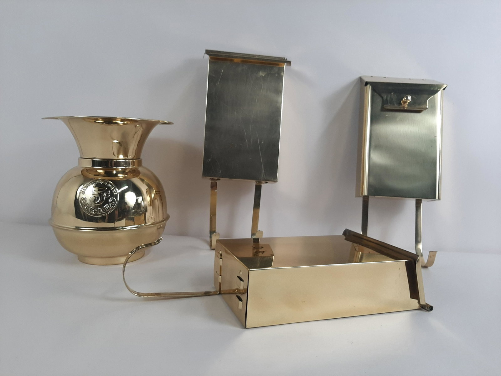 3 Brass Letterboxes and Spittoon: Letterboxes: 6½" to 7" wide X 3" to 3¾" deep X 15½" to 16½" high IMPORTANT: Before bidding, please read the terms and conditions. When you registered for the auction you agreed to these terms and 