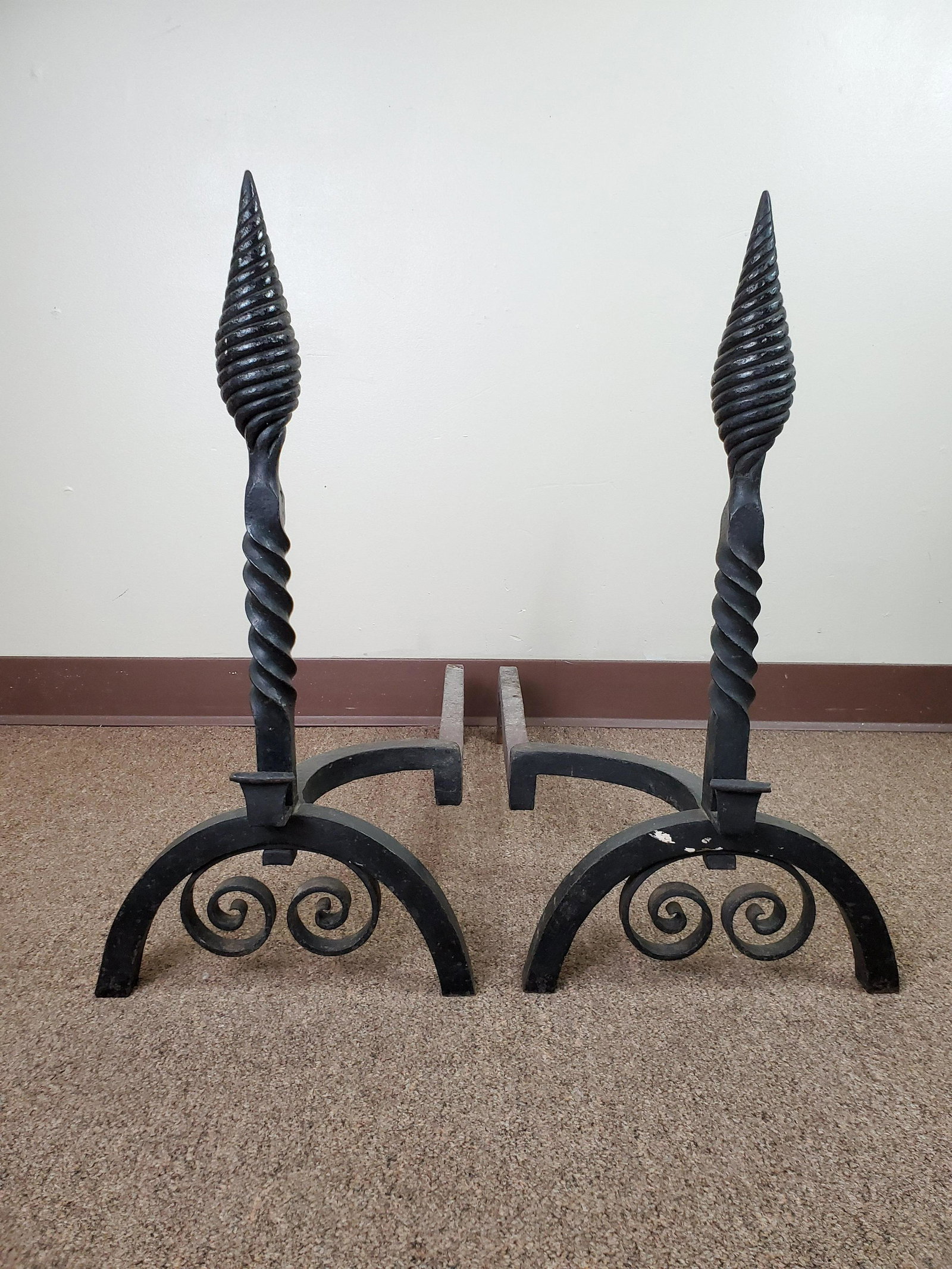 Wrought Iron Fireplace Andirons: 11 1/2" wide X 25" deep X 24" high. IMPORTANT: Before bidding, please read the terms and conditions. When you registered for the auction you agreed to these terms and will be required to comply with t