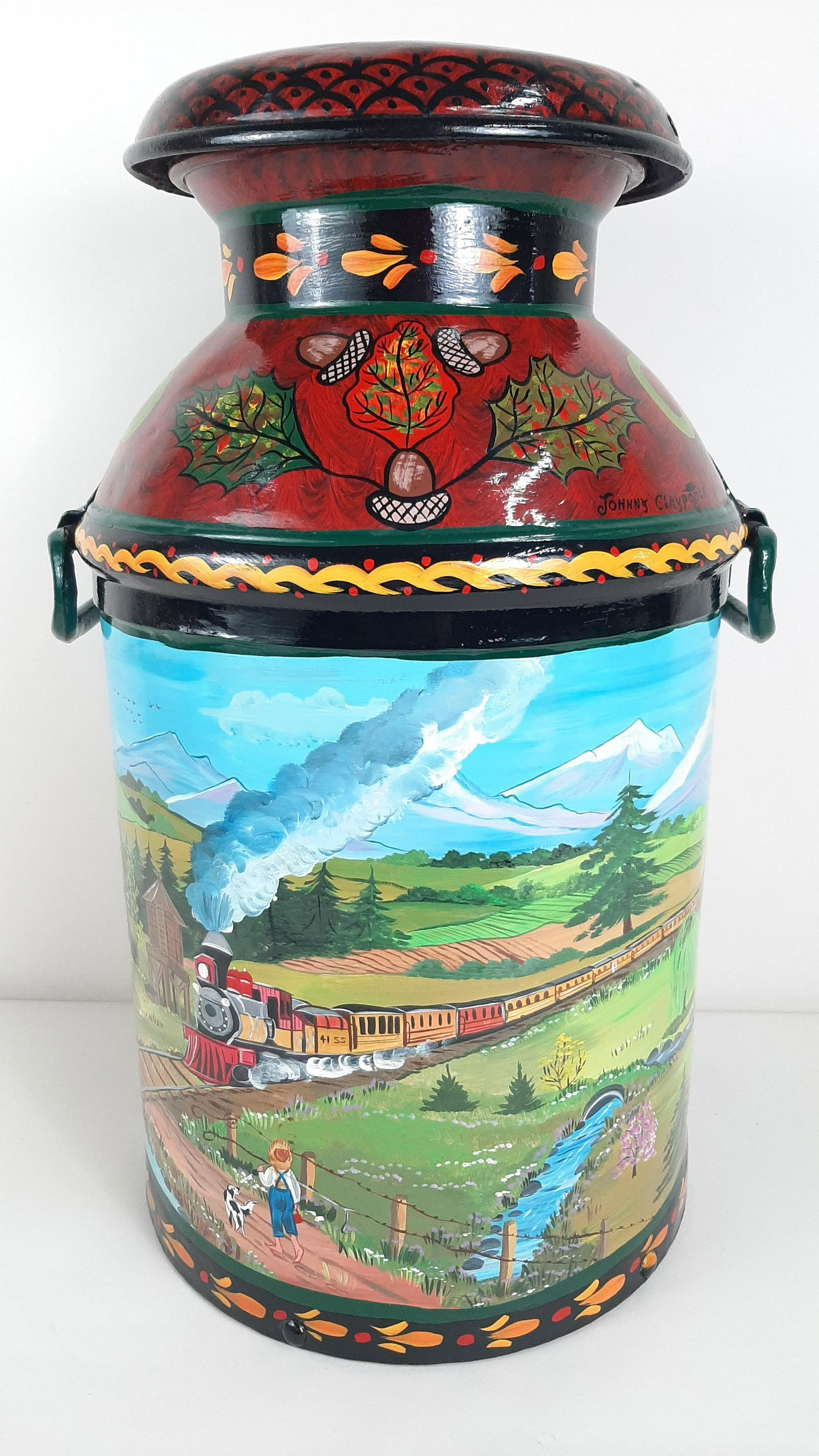 Johnny Claypoole Country Scene Painted Milk Can (1 of 8)