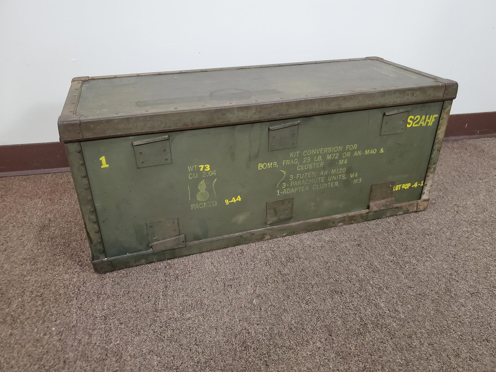 WW II Bomb Fuse Conversion Crate: 33" wide X 12 3/4" deep X 13 1/2" high. Crate is wood with metal trim. IMPORTANT: Before bidding, please read the terms and conditions. When you registered for the auction you agreed to these terms an