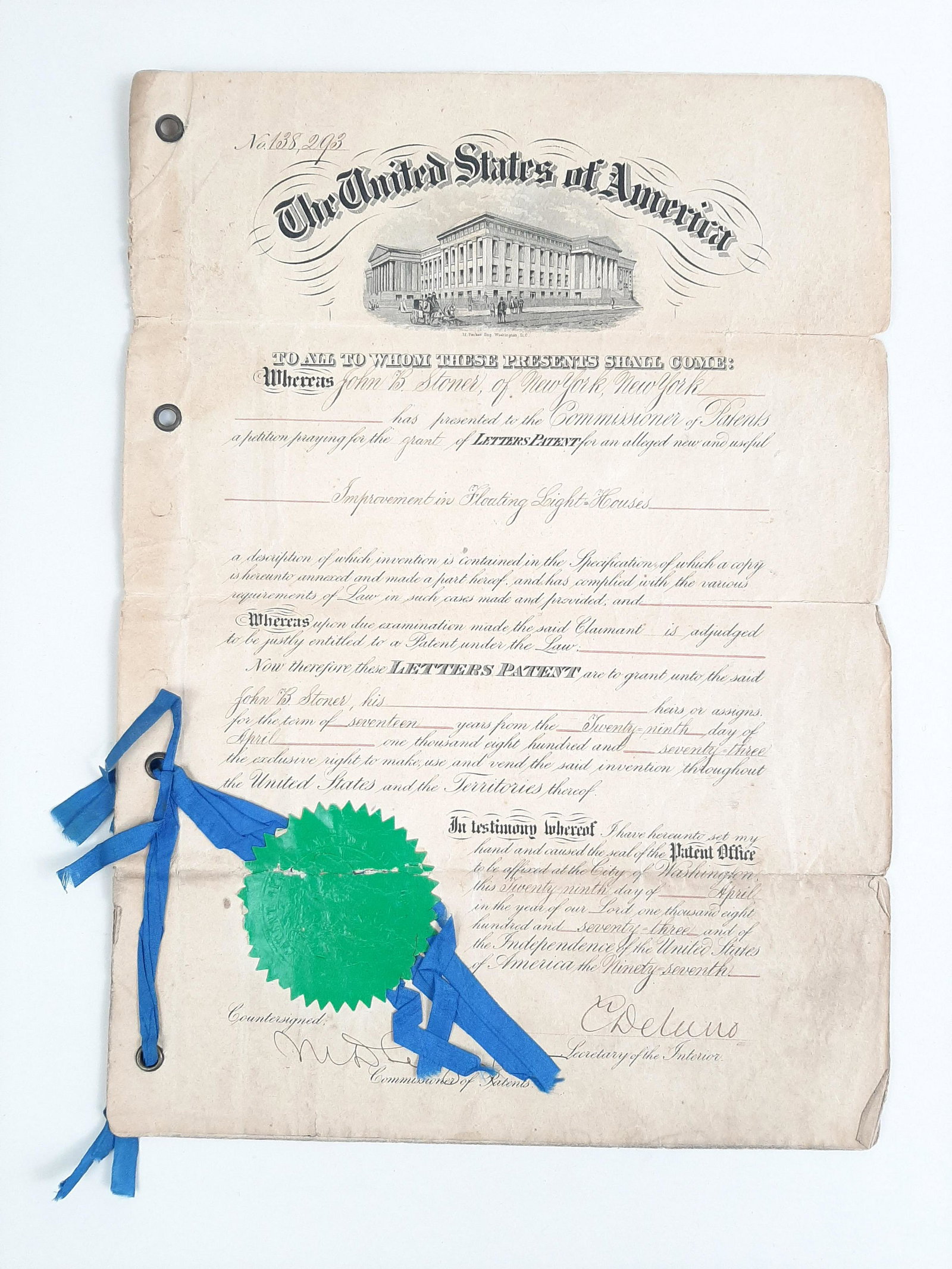 1872 Floating Lighthouse Patent: Patent for improvements to floating lighthouses filed by John B. Stoner. IMPORTANT: Before bidding, please read the terms and conditions. When you registered for the auction you agreed to these terms 