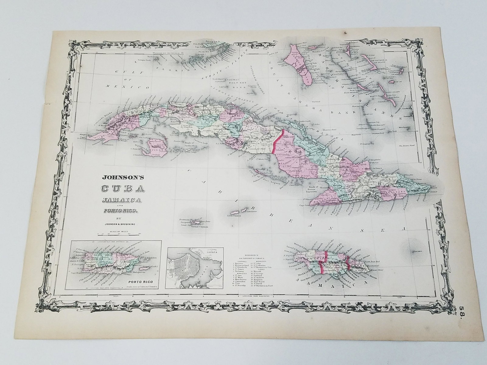 Antique Map of Cuba, Jamaica & Porto Rico: Manufactured by Johnson and Browning. 14-1/4" high x 18" wide. IMPORTANT: Before bidding, please read the terms and conditions. When you registered for the auction you agreed to these terms and will b
