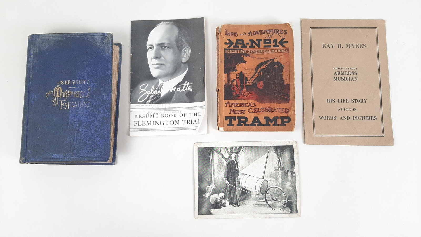 5 Pcs Entertainment, Scandal, and Crime: Includes The True History of the Brooklyn Scandal (1873), Life and Adventures of A-No.1 (1910), Resume Book of the Flemington Trial, Ray R. Meyers: Armless Musician (signed), and Sailor Jean and his T