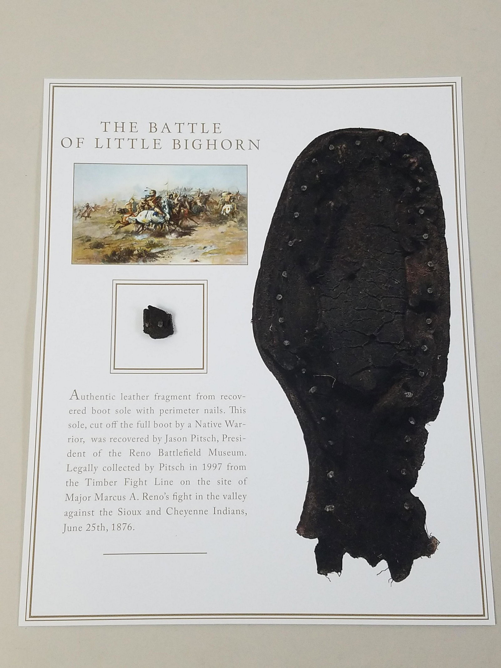 Battle of Little Big Horn Boot Fragment: Fragment 1/2" wide x 3/4" high with perimeter nail. IMPORTANT: Before bidding, please read the terms and conditions. When you registered for the auction you agreed to these terms and will be required 