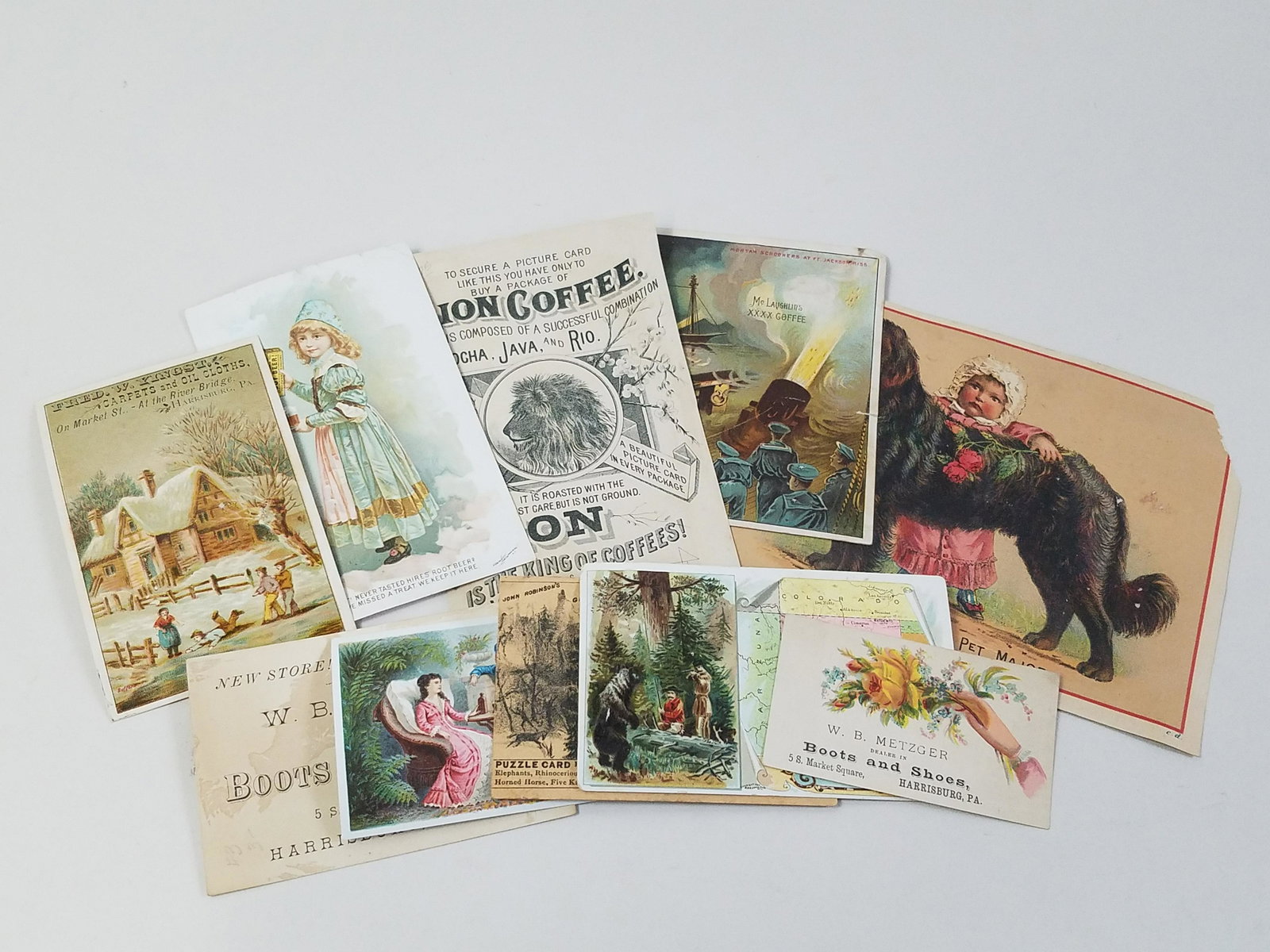 10 Trading Cards incl Harrisburg, PA: Includes Hires root beer, Lion coffee, McLaughlin coffee, ETC. IMPORTANT: Before bidding, please read the terms and conditions. When you registered for the auction you agreed to these terms and will b
