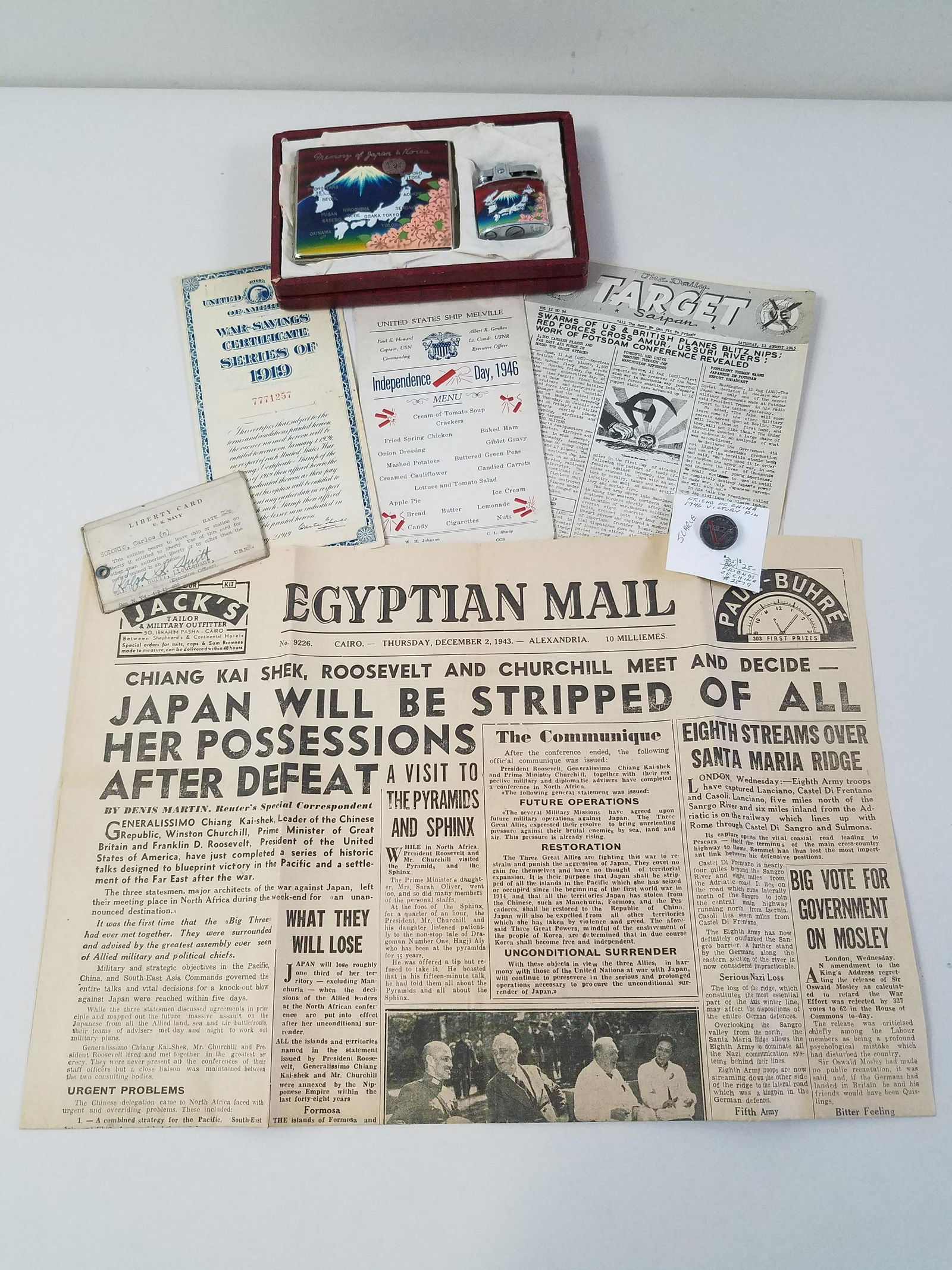 7 Pcs WWII Ephemera incl 1946 Victory Pin (1 of 9)