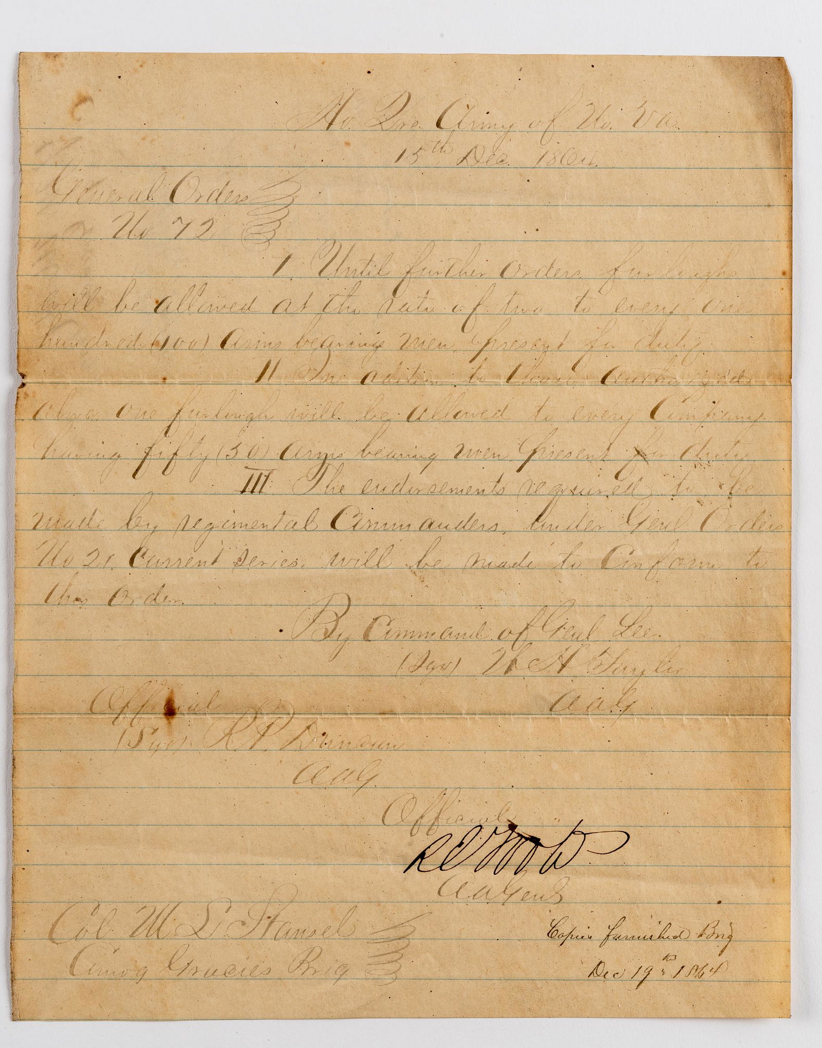General Orders No. 72, 1864 by Command of Gen. Lee (1 of 2)