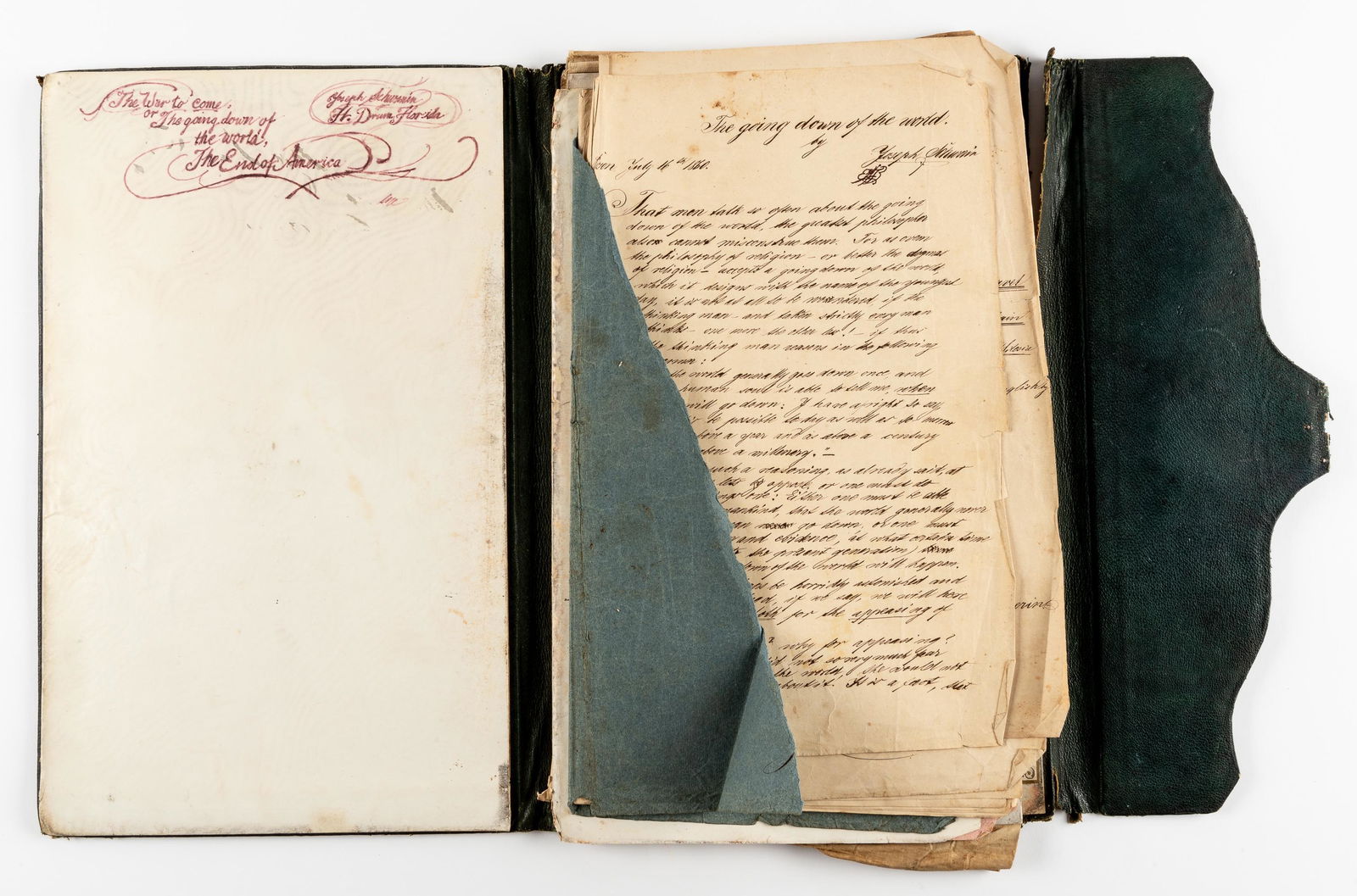 45 Pg Handwritten Travel Joseph Schwerin 1859-1860: Portfolio titled: The War to Come or the Going Down of the World. THE END OF AMERICA. Joseph Schwerin, Ft. Drum, Florida. Includes: 1.) Single page, one sided: "The Going Down of the World" by Joseph