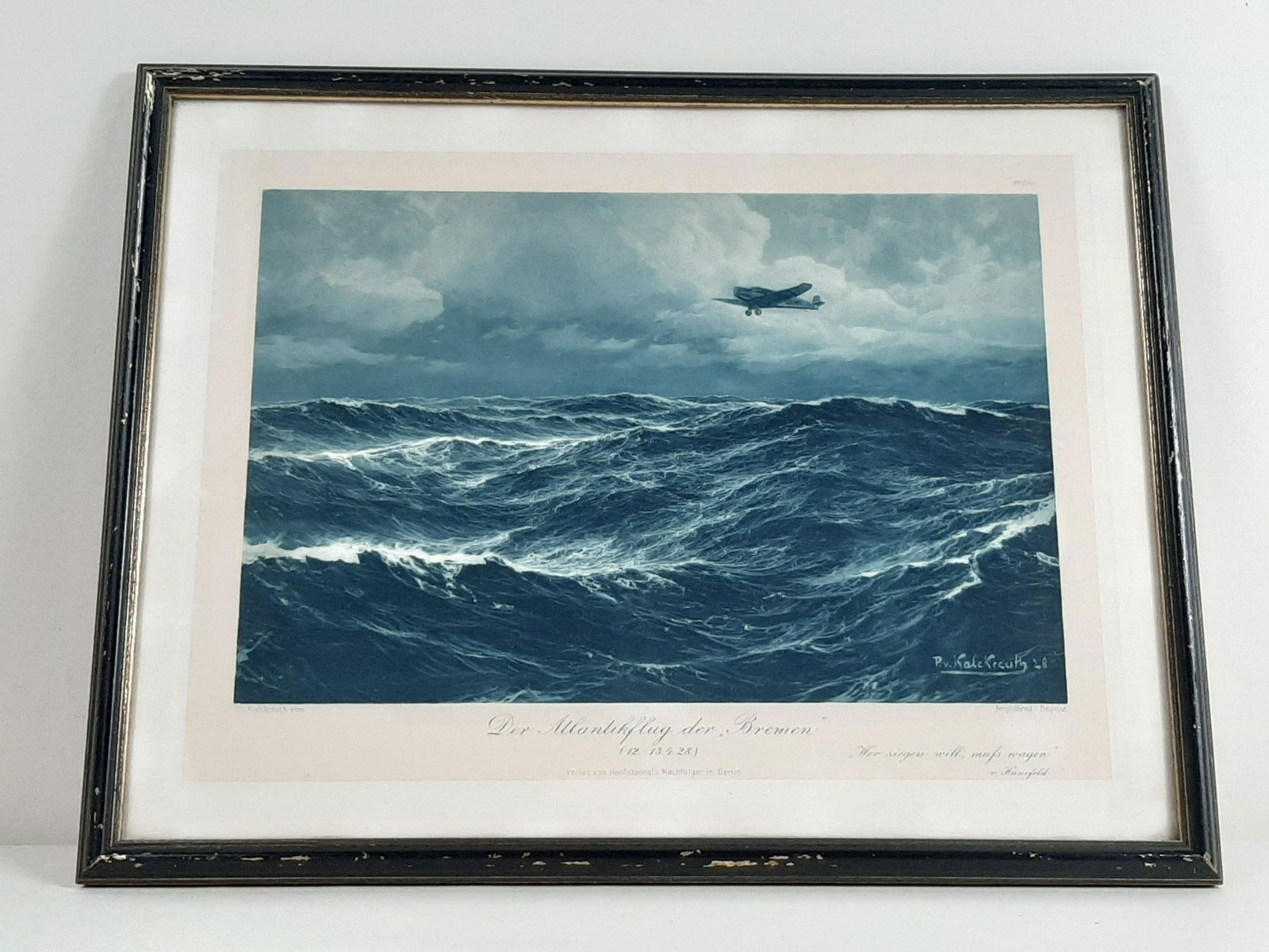 Patrick von Kalckreuth "Bremen" Print: Full title "Der Atlantikflug Der Bremen." The Bremen is a German Junkers W 33 aircraft that made the first successful transatlantic flight from East to west on 12-13 April, 1928. Print numbered no. 21