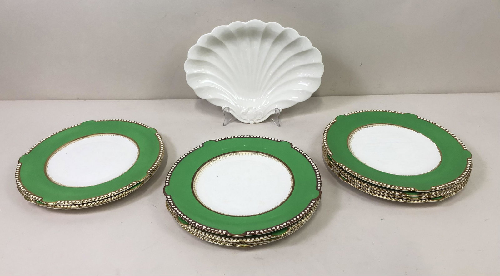 11 Fondeville, England Service Plates: 11 1/4" diameter. Ambassadorware. Also includes Spode shell-shaped dish.