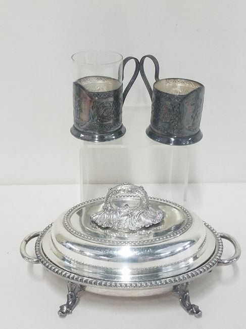 Russian Tea Cups and Silverplate: Tea cups OMSMET1COPT. Small serving dish Reed and Barton. One teacup missing glass liner.