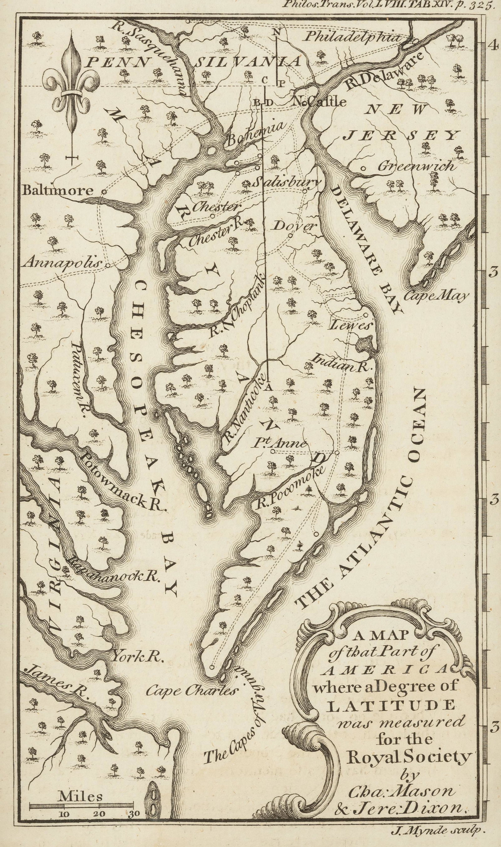 1768 Map of Mason-Dixon Line: DESCRIPTION: Published in 1768 by the Royal Society of London. In 1767, Mason and Dixon surveyed the boundary between Pennsylvania and Maryland as well as Delaware and West Virginia to settle disputes