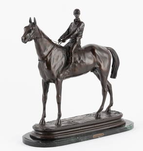 Alfred Barye (French, 1839-1882): DESCRIPTION: Alfred Barye (French, 1839-1882). Bronze. Rider astride horse. Signed Alfred Bayre fils, 1868. Recast. MEASUREMENTS: Base: 17" long x 6" wide. Sculpture: 16-1/2" long x 16-1/4" high. COND