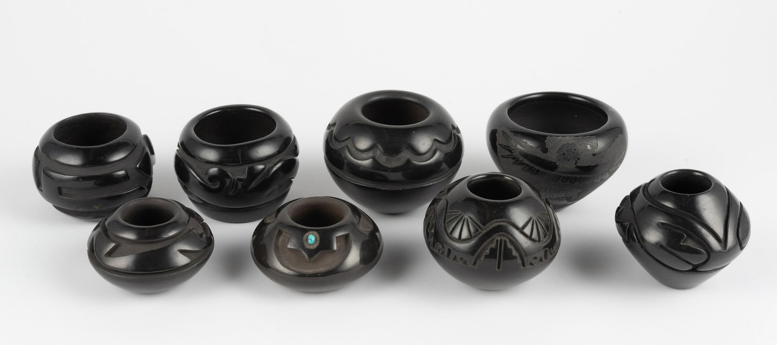 8 Pc Santa Clara Blackware: DESCRIPTION: 8 pieces Santa Clara Blackware. Each signed to bottom. Artists include Johanna Herrera, Betty Narayo, Doris Tenario, Angela Salazar, Denise Chavarria, Anthony Vaca, Edward Samanieo, and E
