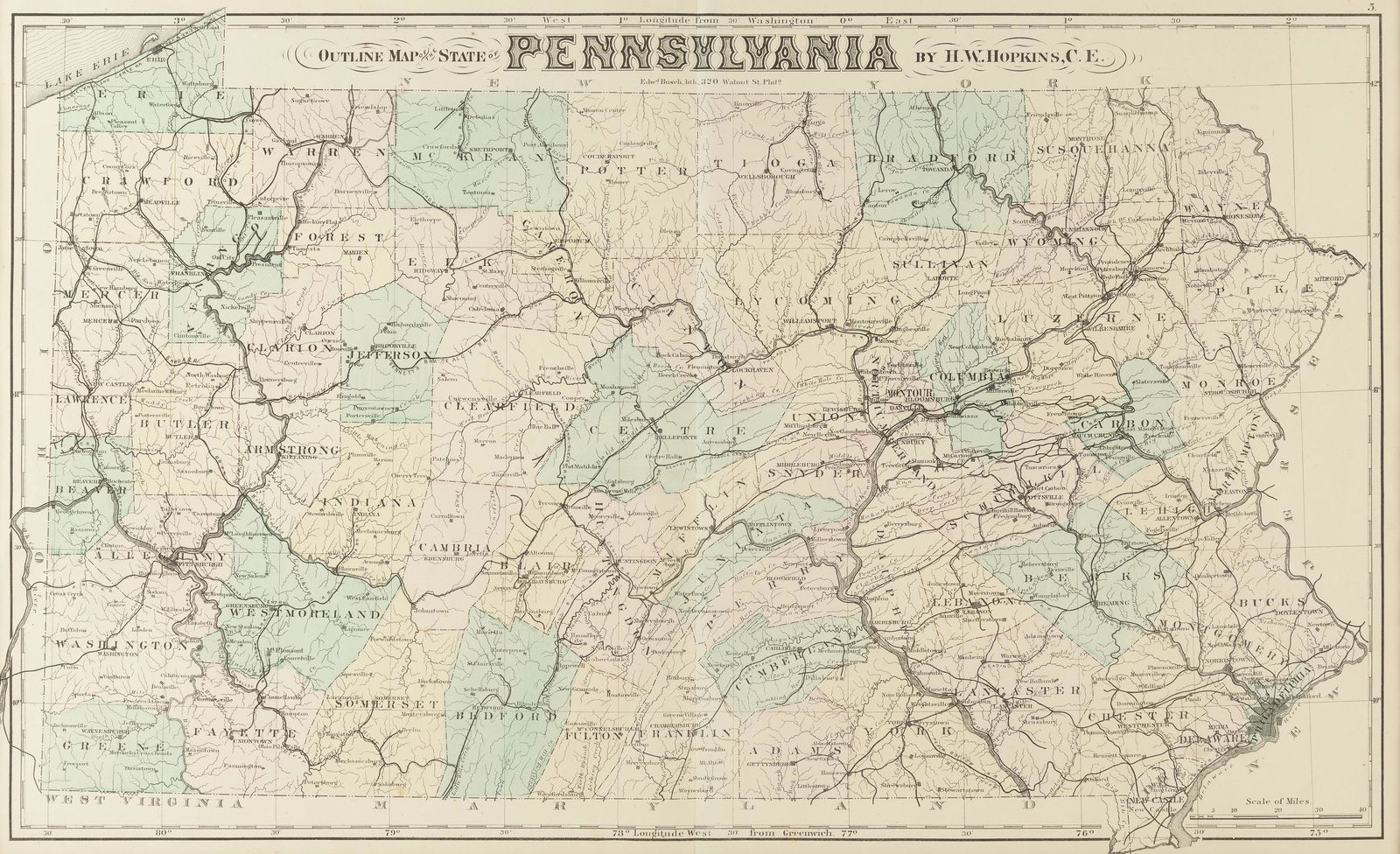 Henry Whitmer Hopkins Outline Map of Pennsylvania (1 of 3)