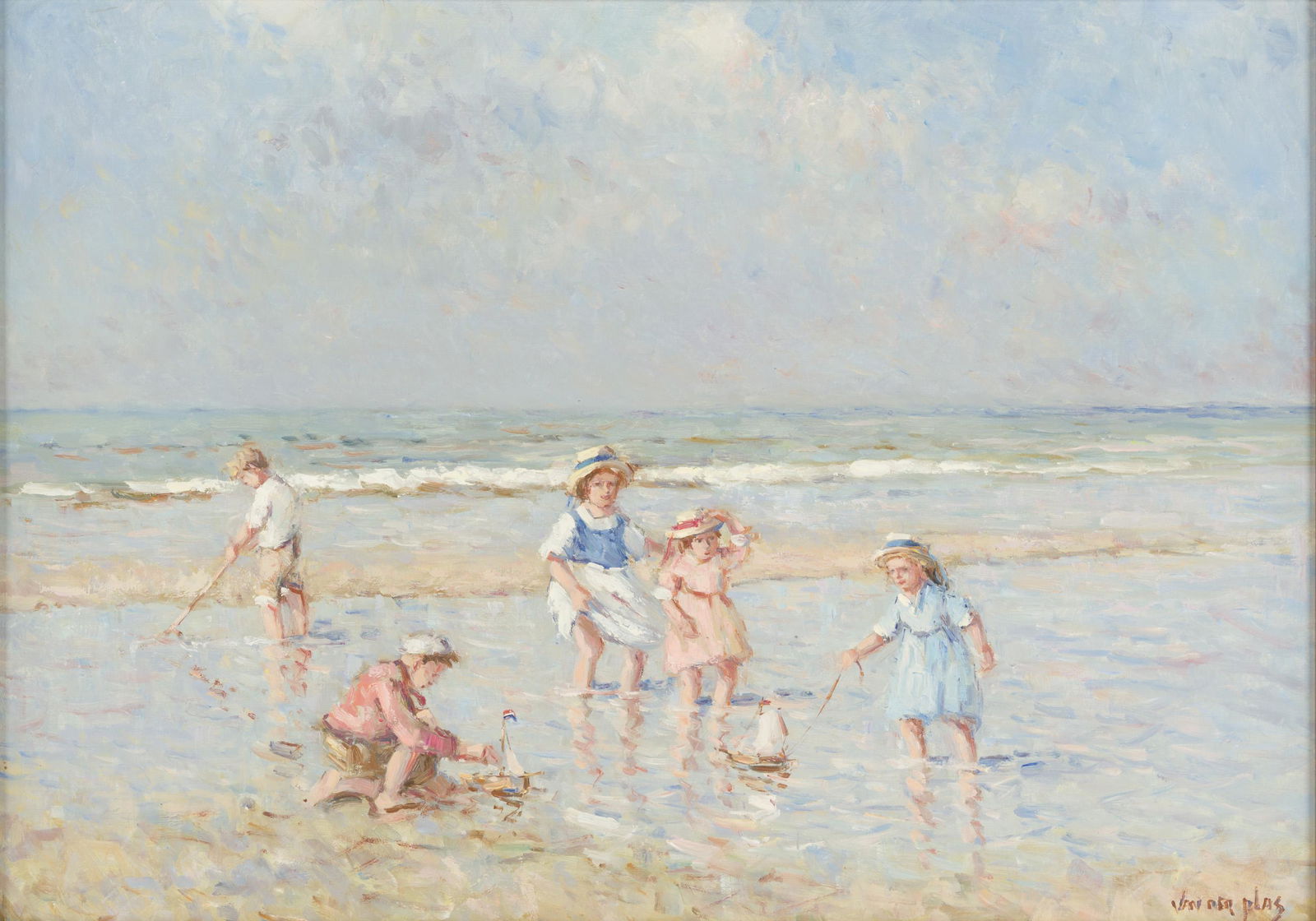 Niek Van Der Plas (Netherlands, b. 1954): DESCRIPTION: Niek Van Der Plas (Netherlands, b. 1954) Oil on panel. Children playing on beach. Signed bottom right. In painted wood frame. MEASUREMENTS: 18-1/2" high x 26" wide; overall with frame 26"