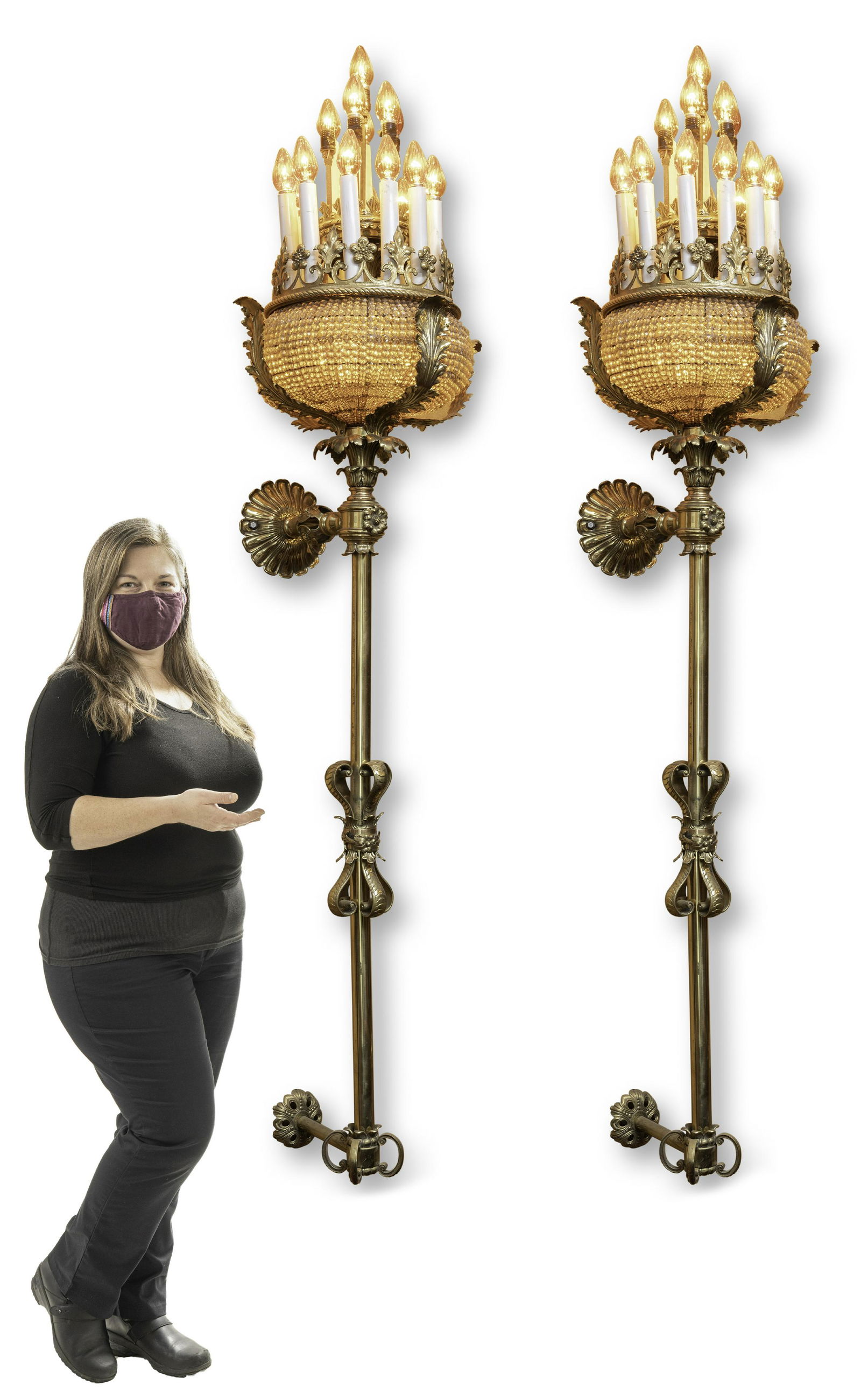 Pair of Monumental 6' Brass & Crystal Wall Sconces (1 of 4)