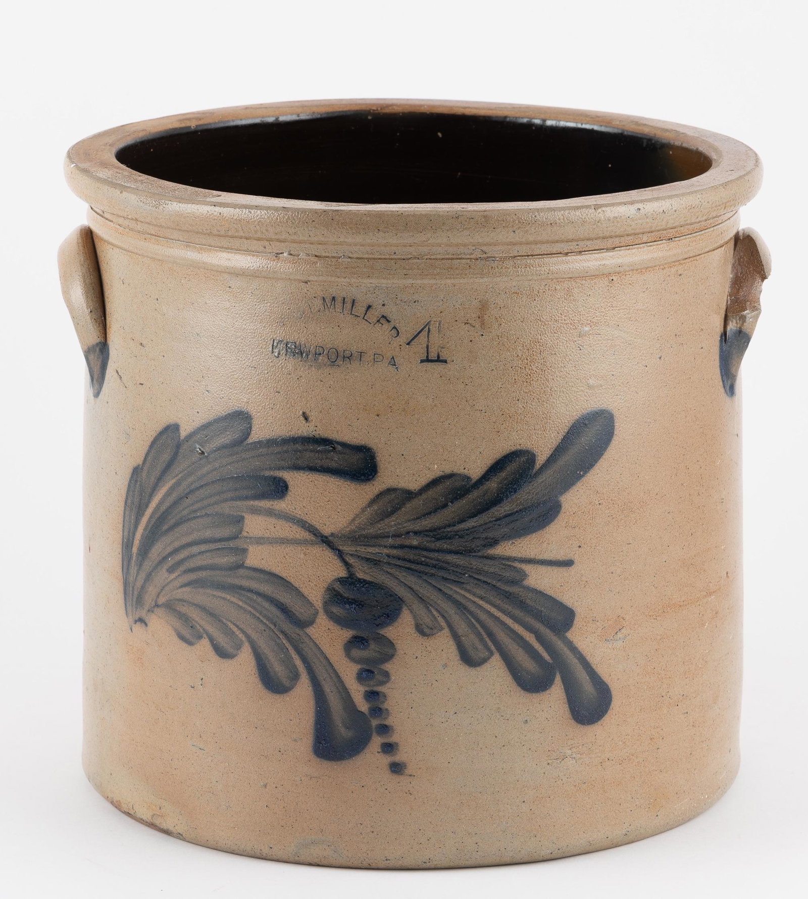 M. & T. Miller Newport Crock: DESCRIPTION: 4 Gallon Newport Crock. Impressed M. & T. Miller, Newport, PA. Blue floral decoration. MEASUREMENT: 11-5/16" high x 10-3/8" interior diameter; 12-5/6" overall diameter. CONDITION: Loss to