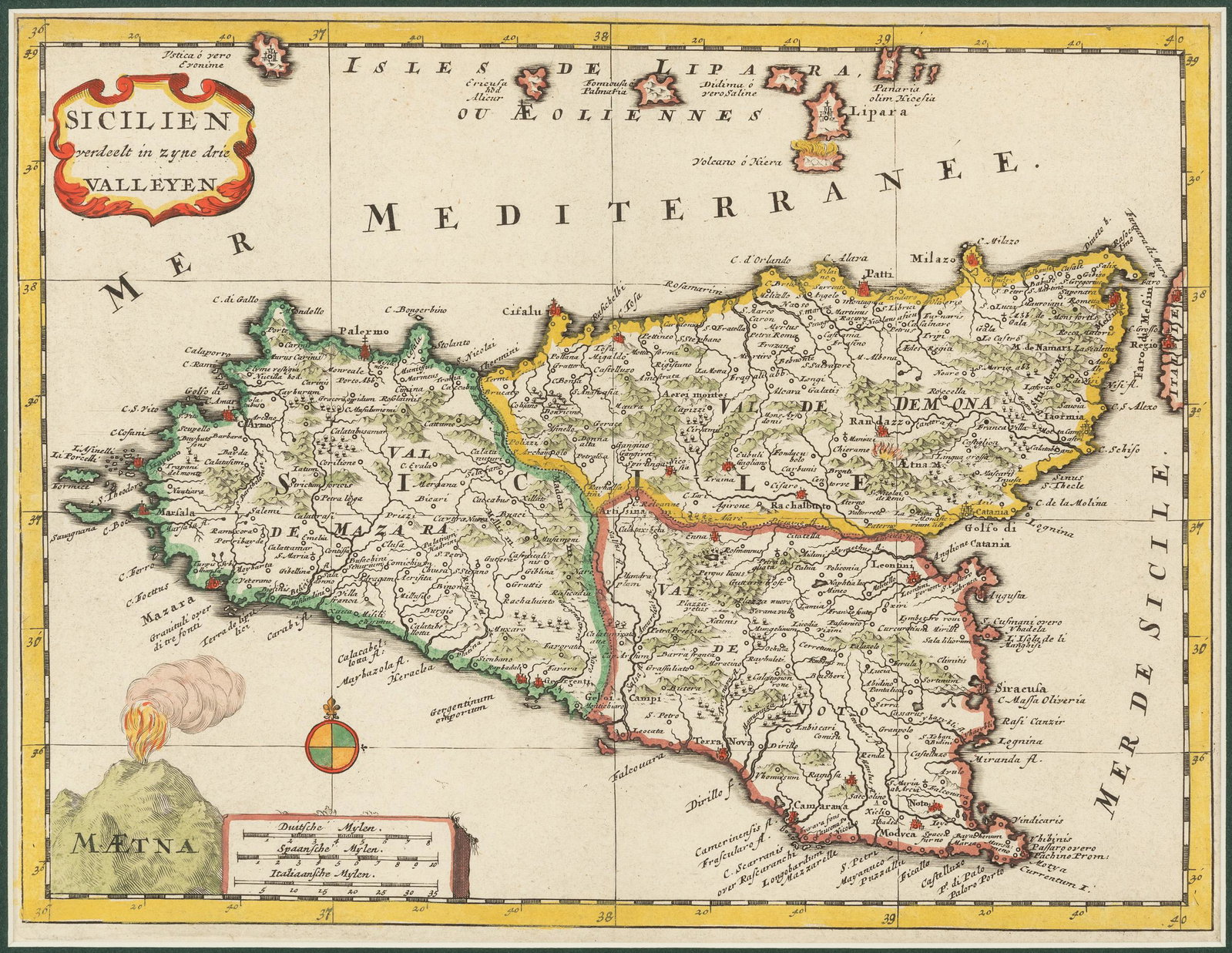 1730 Map of Sicily: DESCRIPTION: Engraver unknown. Copper engraved map of Sicily highlighting and erupting Mt. Aetna volcano. Includes title cartouche, compass rose, and distance scale. Conservation framed. MEASUREMENTS: