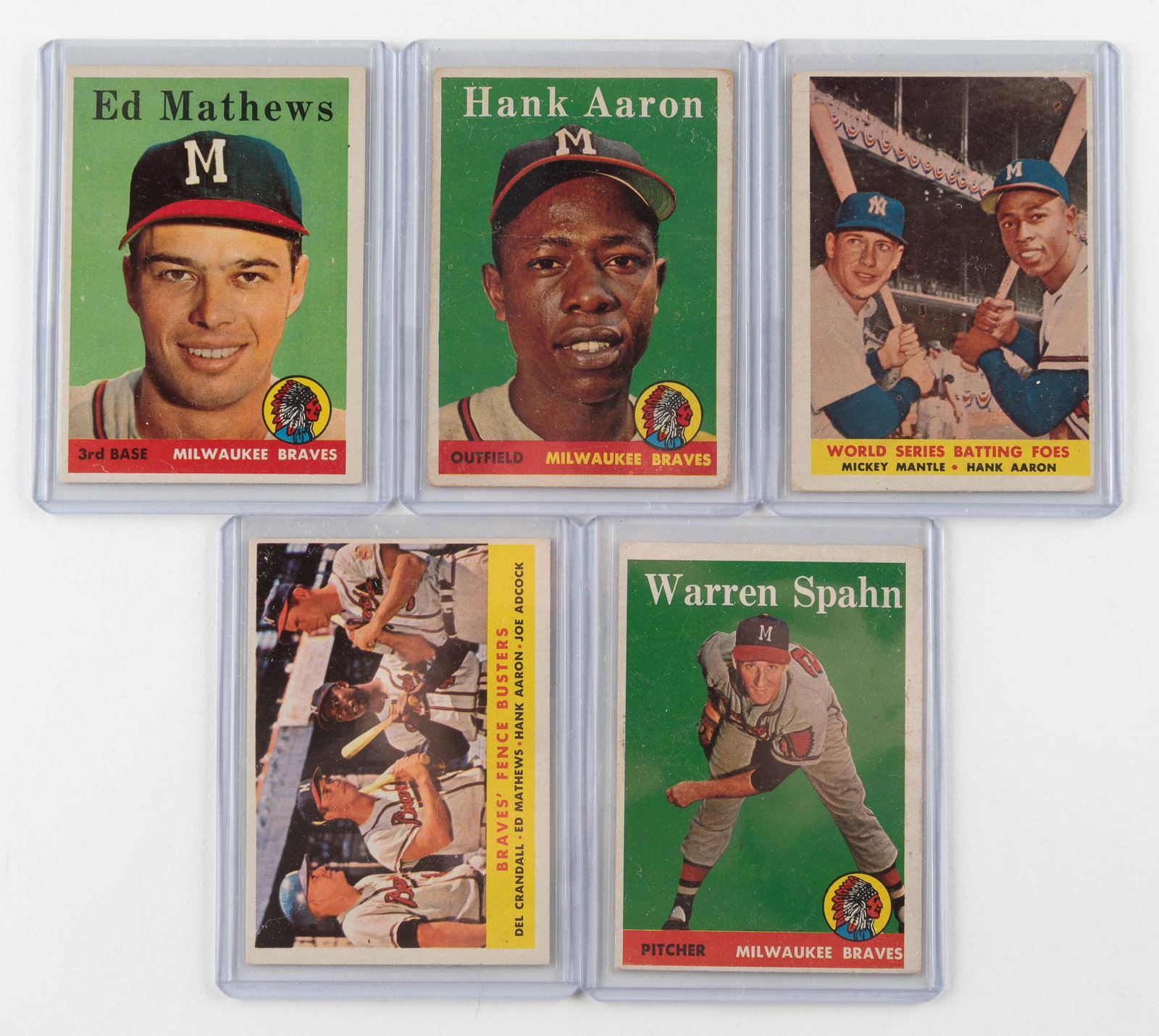 5 1958 Topps: DESCRIPTION: Includes Aaron #30, Spahn #270, Bosters #351, Foes #418, and Mathews #440. CONDITION: Very good to excellent. IMPORTANT: Before bidding, please read the terms and conditions. When you reg