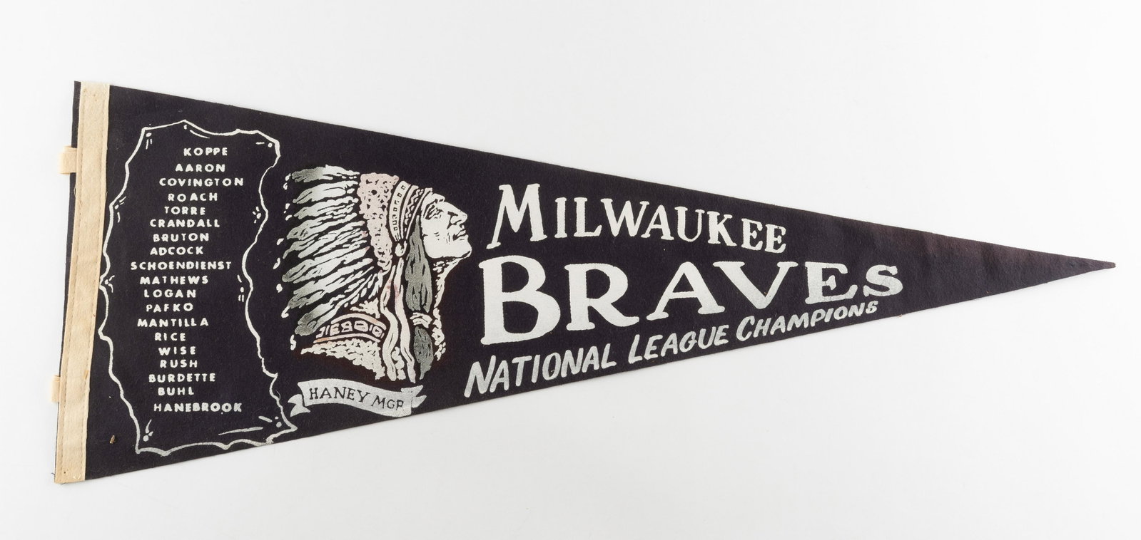 1950's Milwaukee Braves Pennant: DESCRIPTION: National League Champions. CONDITION: Good. IMPORTANT: Before bidding, please read the terms and conditions. When you registered for the auction you agreed to these terms and will be requ