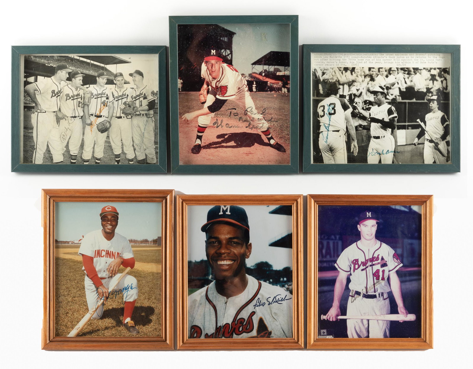 6 Autographed 8 x 10 Photographs: DESCRIPTION: Signatures include Joe Morgan, Warren Spahn, Johnny Logan, Joe Adcock, Del Crandall, Eddie Mathews, Felix Mantilla, Hank Aarron/ Lou Burdette. IMPORTANT: Before bidding, please read the t