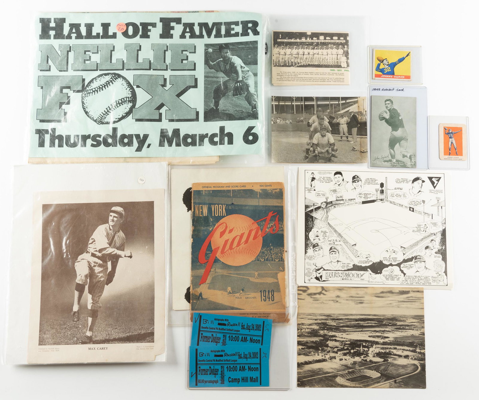 Vintage Baseball Items Featuring Johnny Lujack: DESCRIPTION: Also includes Lancaster Red Roses photo, New York Giants score card, tickets, Nellie Fox, stadium photo, and more. CONDITION: Very good. IMPORTANT: Before bidding, please read the terms a
