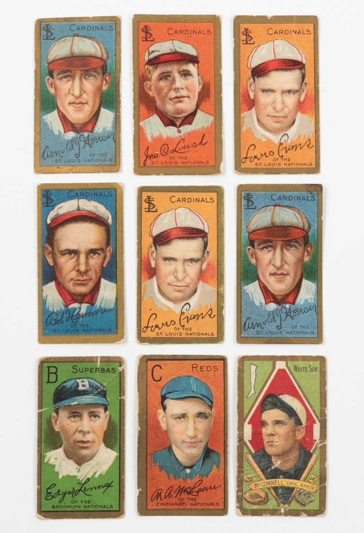 9 1911 T-205 Tobacco Cards: DESCRIPTION: Includes Hauser, St. Louis Cardinals, Polar Bear back; Hauser, St. Louis Cardinals, Piedmont back; Lush, St. Louis Cardinals, Sweet Caporal back; Evans, St. Louis Cardinals, Sweet Caporal