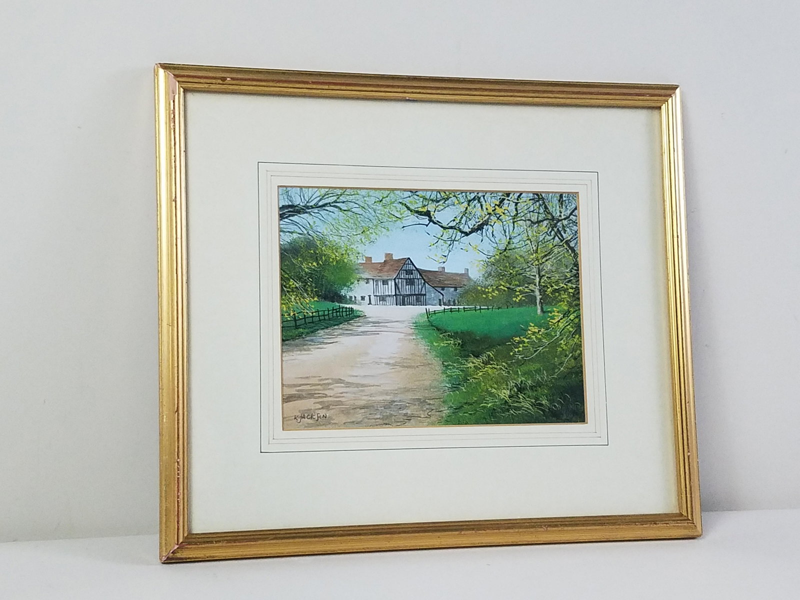 Keith Jackson Landscape Watercolor: Certificate of authenticity on verso. Overall with frame 12-1/2" high x 14-1/2" wide. Some finish losses to frame. IMPORTANT: Before bidding, please read the terms and conditions. When you registered 