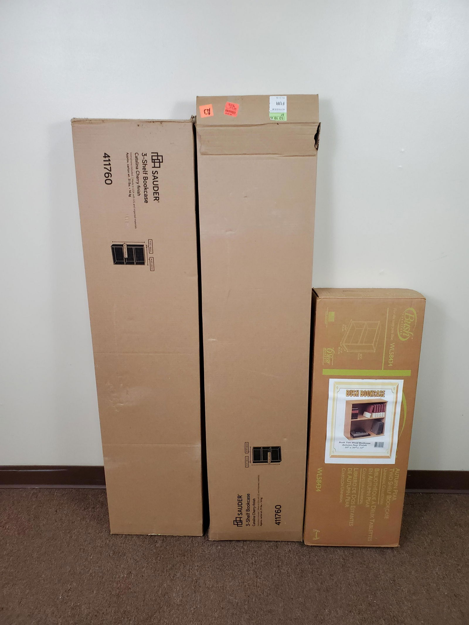 3 Bookcases New In Box: 2 Sauder bookcases 24" wide X 11 1/2" deep X 40 1/4" high. Bush Furniture Low bookcase 29 1/2" wide X 11 1/2" deep X 29 1/2" high. IMPORTANT: Before bidding, please read the terms and conditions. When