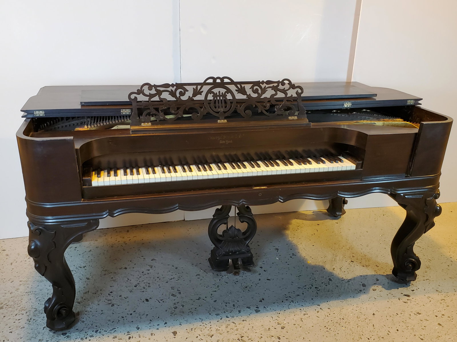 Victorian George Steck Square Grand Piano: 81 3/4" wide X 39 1/2" deep X 39" high. One leg loose. Minor surface wear. IMPORTANT: Before bidding, please read the terms and conditions. When you registered for the auction you agreed to these term
