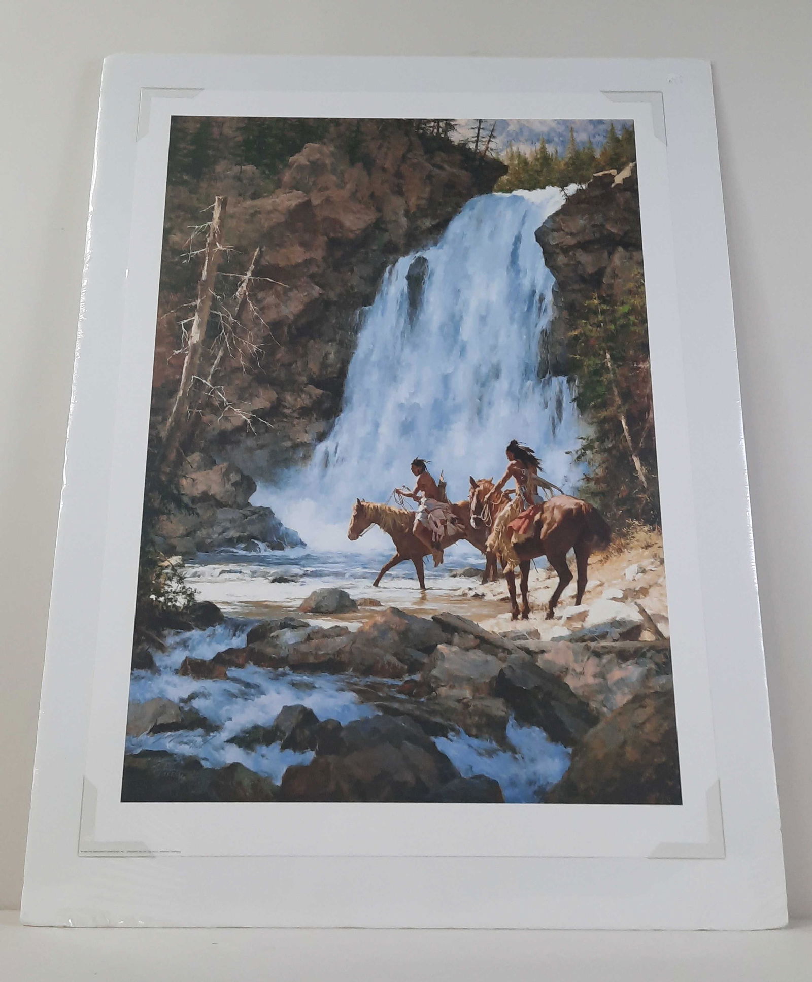 Howard Terpning Crossing Below The Falls Print: Unframed. Edition number 575 / 1000. Print only: 35-1/2" high x 25-1/2" wide. IMPORTANT: Before bidding, please read the terms and conditions. When you registered for the auction you agreed to these t