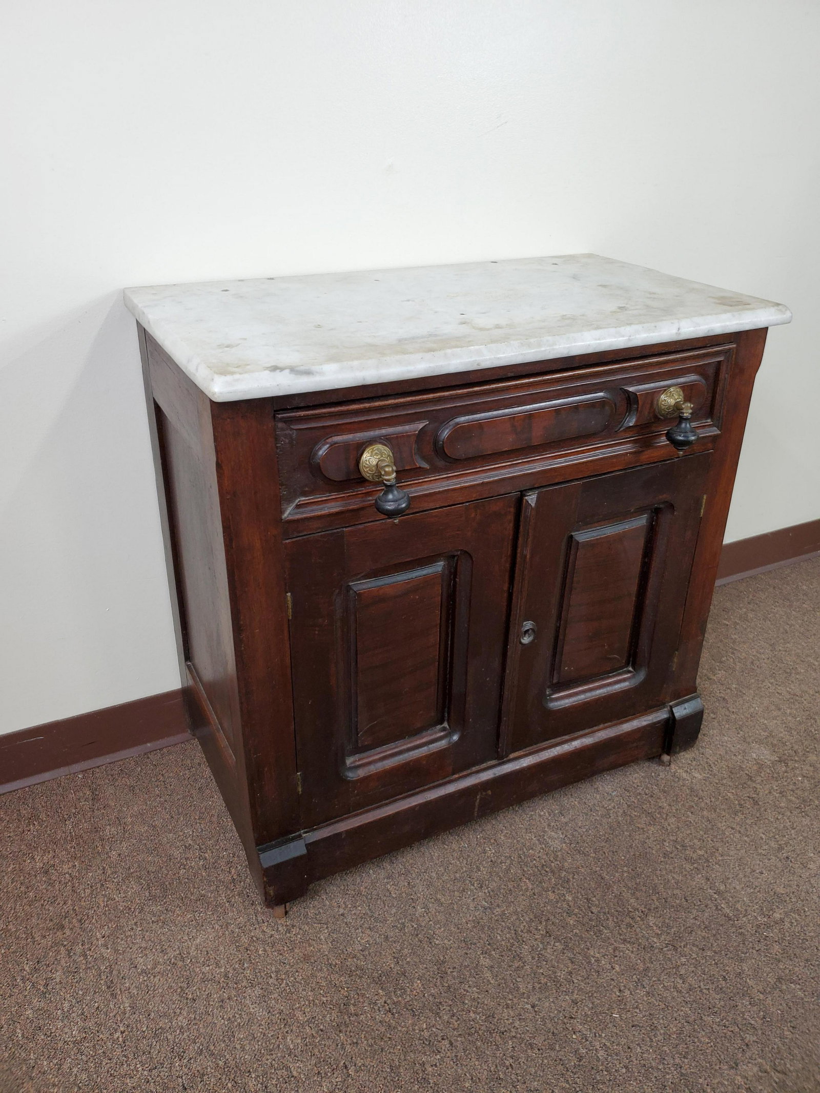 Marble Top Wash Stand: 28 1/2" wide X 16" deep X 29" high. IMPORTANT: Before bidding, please read the terms and conditions. When you registered for the auction you agreed to these terms and will be required to comply with t