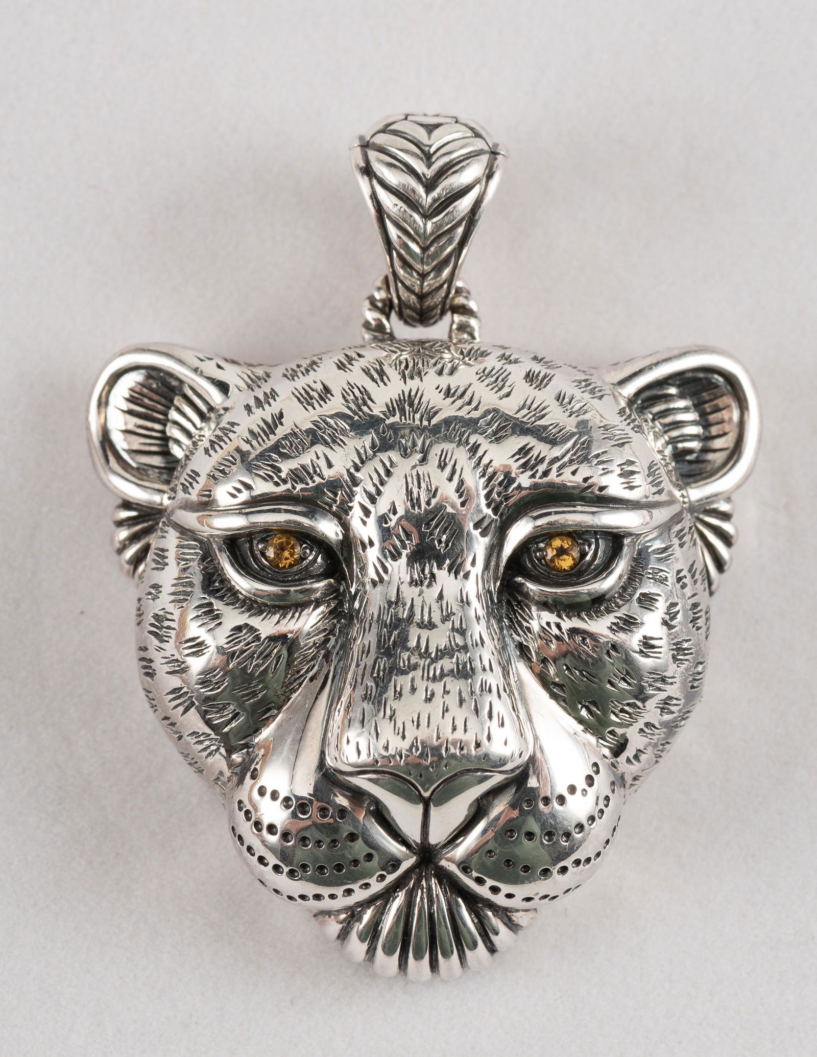 John Hardy JAI Sterling Leopard Enhancer: 2" long, 1-3/8" wide ear to ear. IMPORTANT: Before bidding, please read the terms and conditions. When you registered for the auction you agreed to these terms and will be required to comply with them