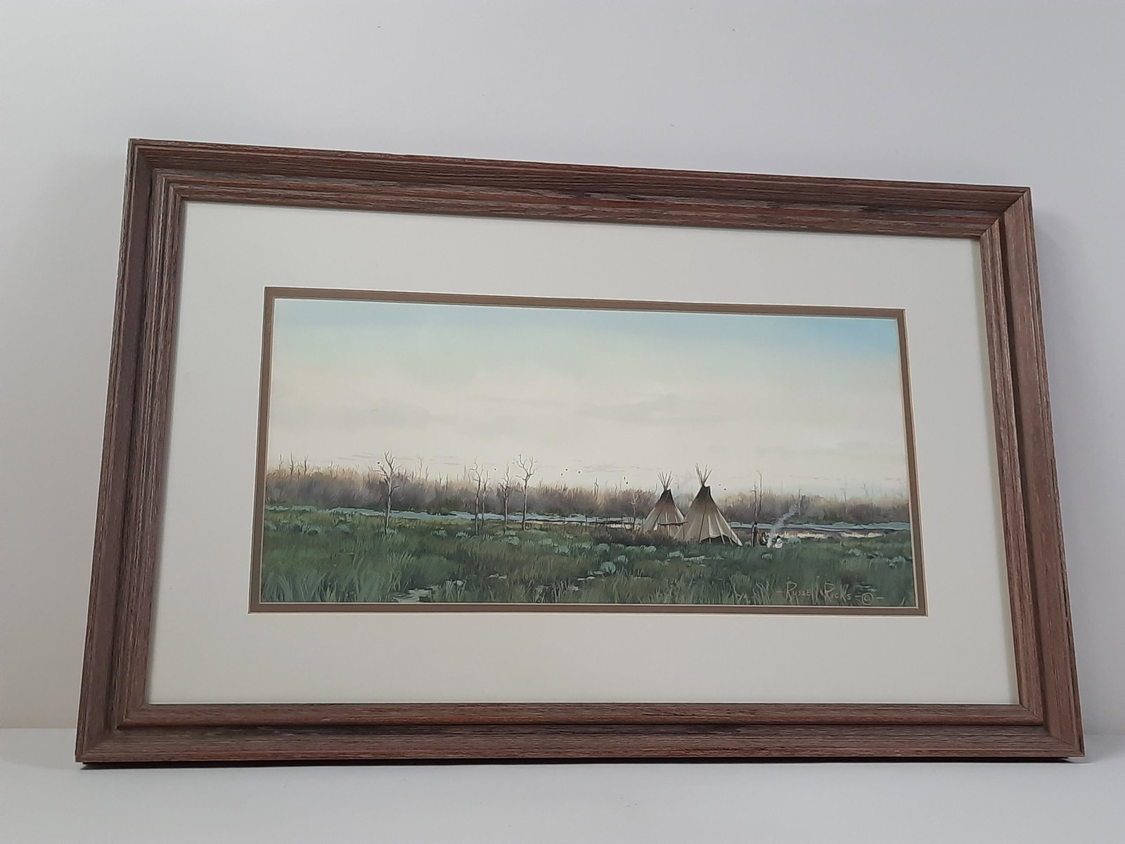 Russell Rick's "Camp at Dusk" Painting: Overall with frame 17-3/4" high x 27-1/2" wide. IMPORTANT: Before bidding, please read the terms and conditions. When you registered for the auction you agreed to these terms and will be required to c