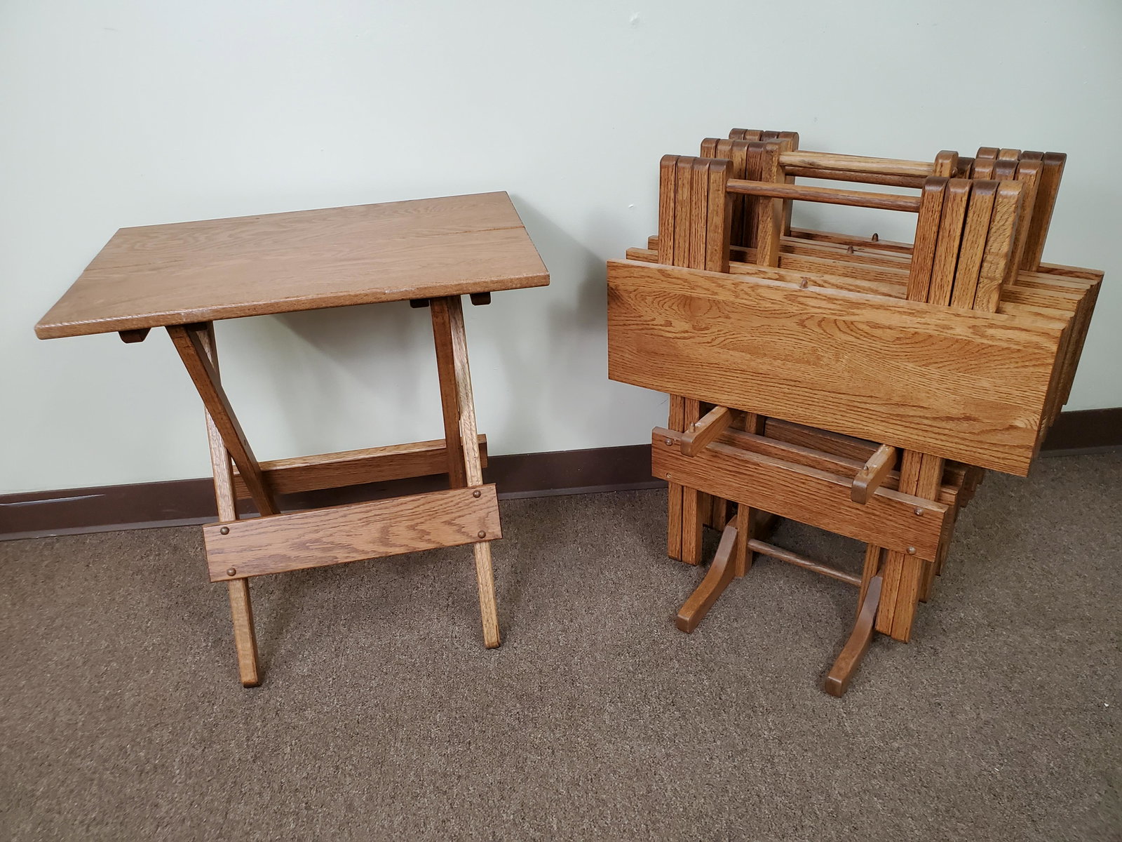 4 Folding Trays with Stand: Each table 24" wide X 15 1/2" deep X 25" high. IMPORTANT: Before bidding, please read the terms and conditions. When you registered for the auction you agreed to these terms and will be required to co
