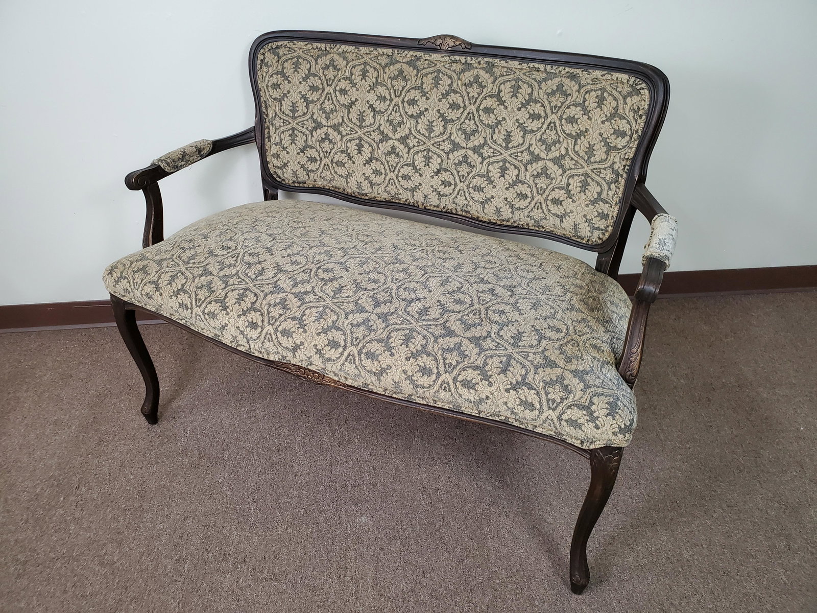 Settee: 46" wide X 21" deep X 36" high. Has some discoloration. IMPORTANT: Before bidding, please read the terms and conditions. When you registered for the auction you agreed to these terms and will be requi