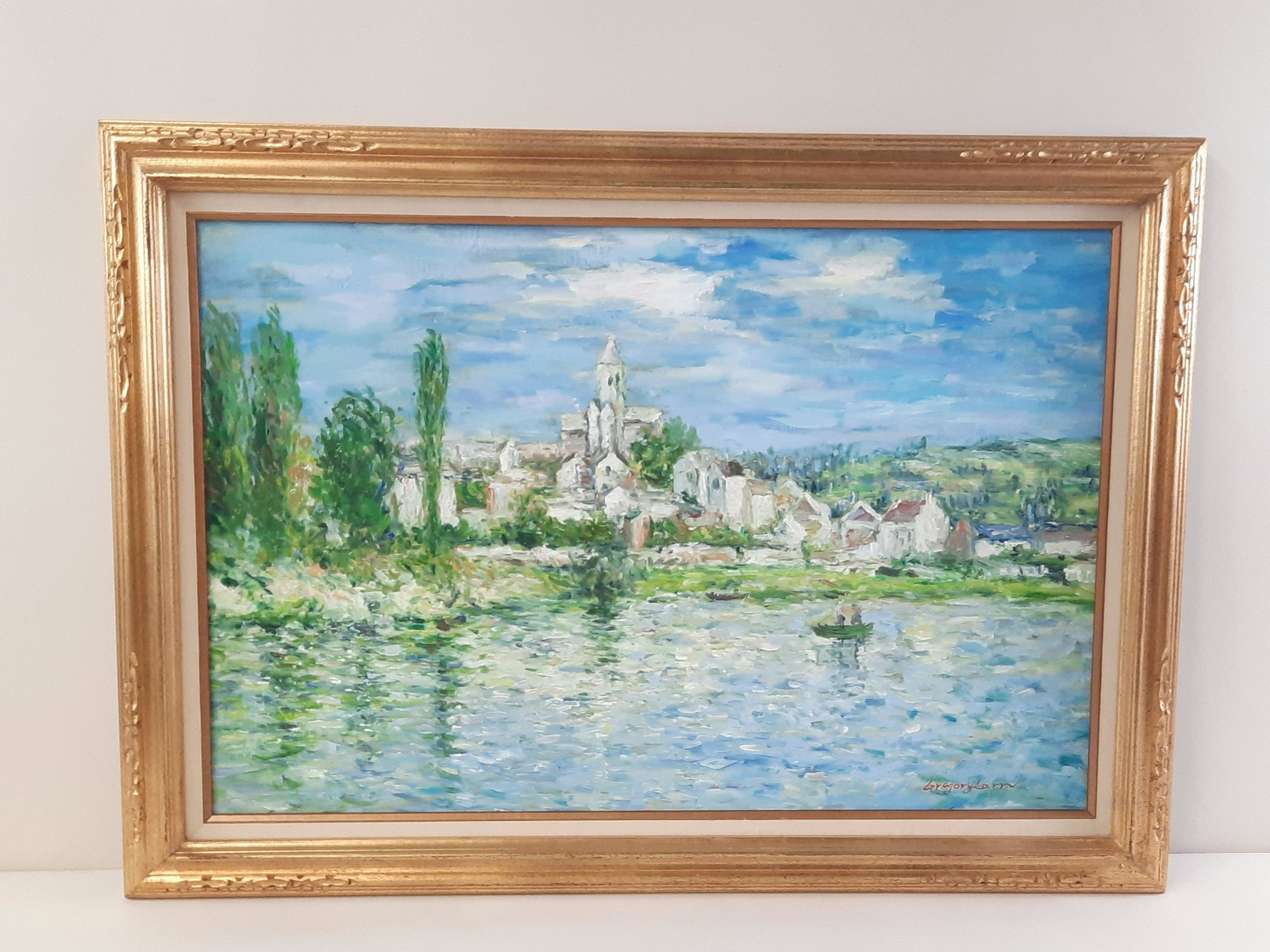Gregory Larr Landscape Painting: Overall with frame 30-3/4" high x 42-3/4" wide. IMPORTANT: Before bidding, please read the terms and conditions. When you registered for the auction you agreed to these terms and will be required to c