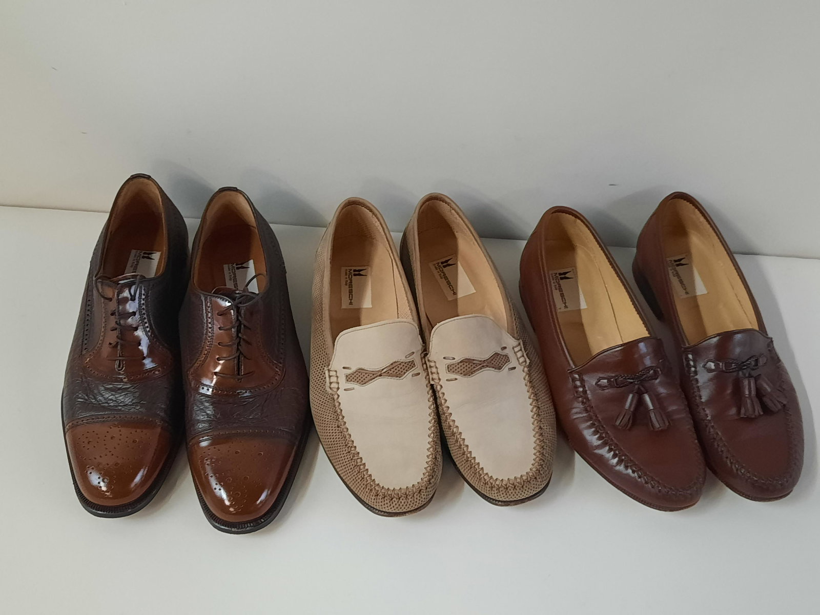 3 Prs Mens Moreschi Italian Shoes incl Leather: Two size 8-1/2" and one size 9. All with original box. IMPORTANT: Before bidding, please read the terms and conditions. When you registered for the auction you agreed to these terms and will be requir