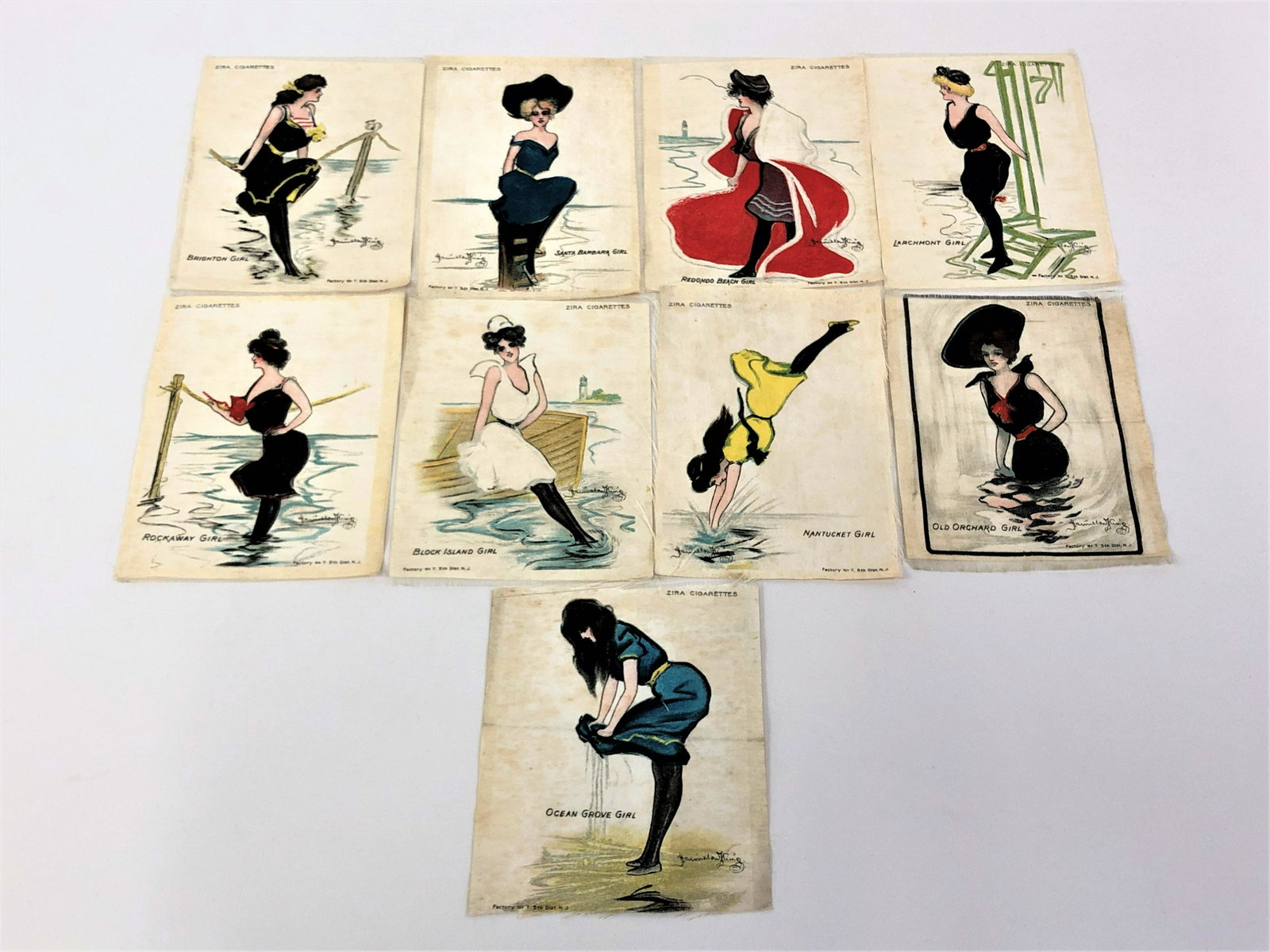 9 Pcs Zira Cigarettes Silks Bathing Beauties: Includes Brighton, Santa Barbara, Redondo Beach, Rockaway, Block Island, Nantucket, Larchmont, Old Orchard, and Ocean Grove. IMPORTANT: Before bidding, please read the terms and conditions. When you r