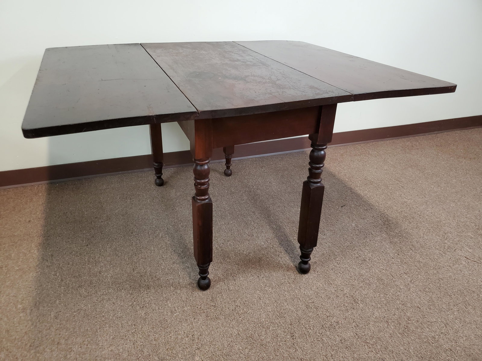 Drop Side Table: Open 50", closed 18" wide X 40" deep X 29" high. Has issues to finish. IMPORTANT: Before bidding, please read the terms and conditions. When you registered for the auction you agreed to these terms an