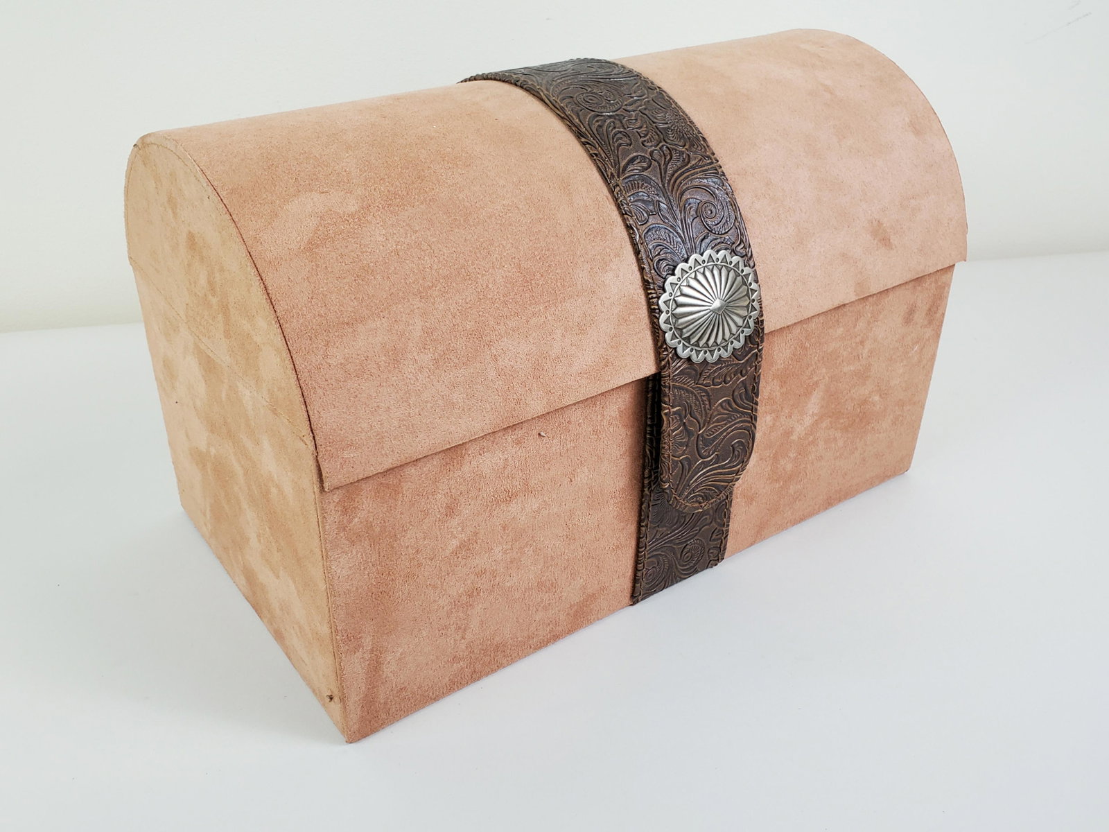 Suede & Leather Jewelry Box14 1/2": 14 1/2" wide X 8 1/4" deep X 9" high. IMPORTANT: Before bidding, please read the terms and conditions. When you registered for the auction you agreed to these terms and will be required to comply with