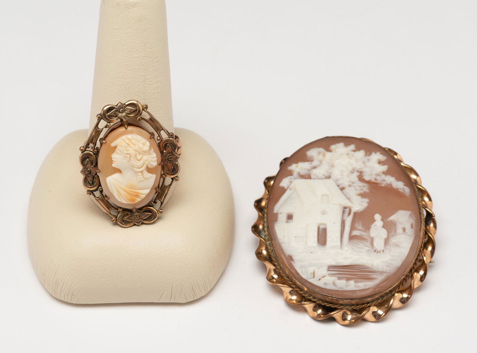 Antique Shell Cameo Brooch & 10K Gold Ring (1 of 6)
