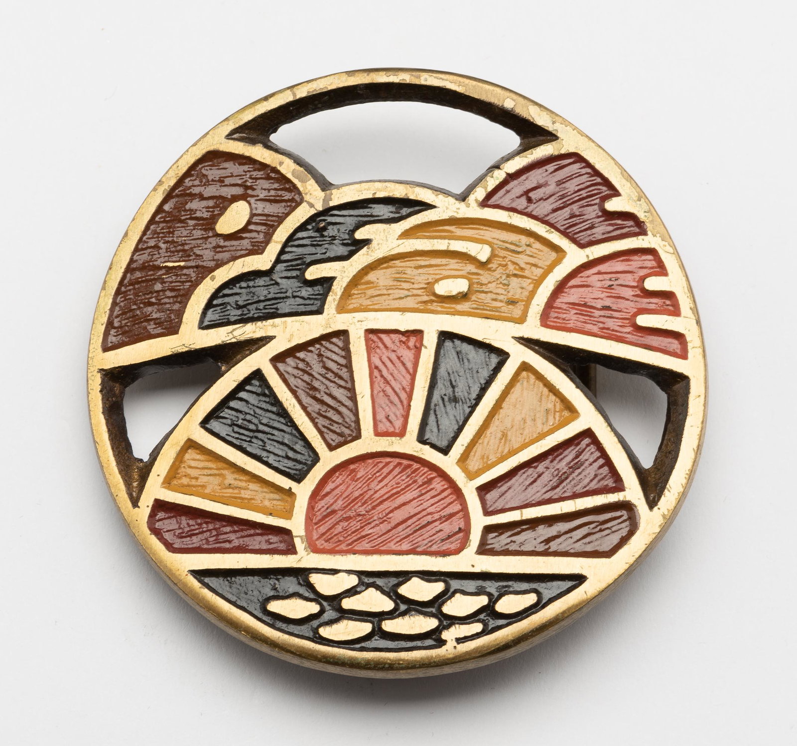Ecology Designs Painted Brass Belt Buckle: Marked Ecology Designs 1971. 3" diameter. IMPORTANT: Before bidding, please read the terms and conditions. When you registered for the auction you agreed to these terms and will be required to comply 