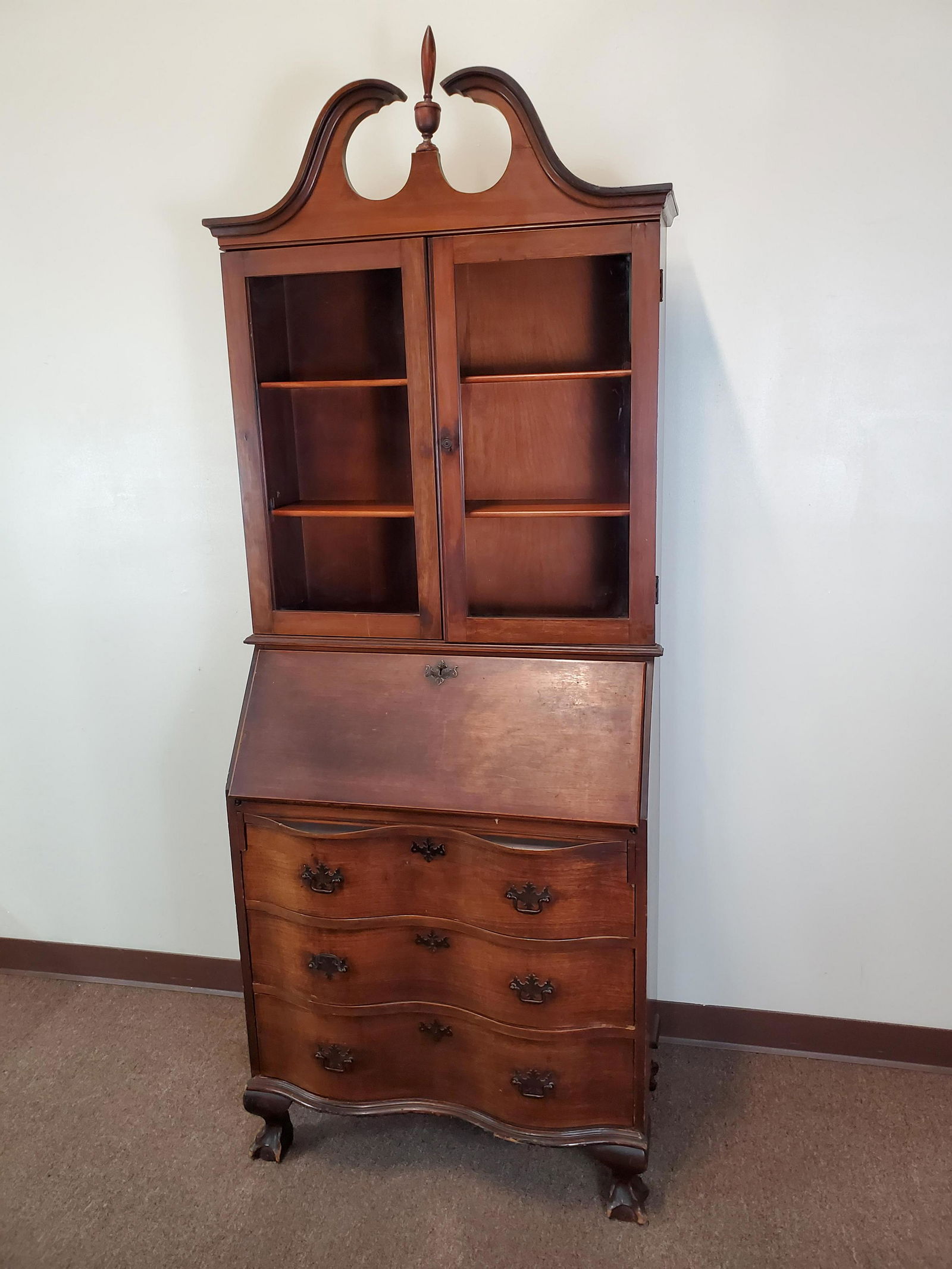 Vintage Secretary Desks: 30 1/2" wide X 16 1/2" deep X 81 1/4" high. Has some finish loss around feet. IMPORTANT: Before bidding, please read the terms and conditions. When you registered for the auction you agreed to these t