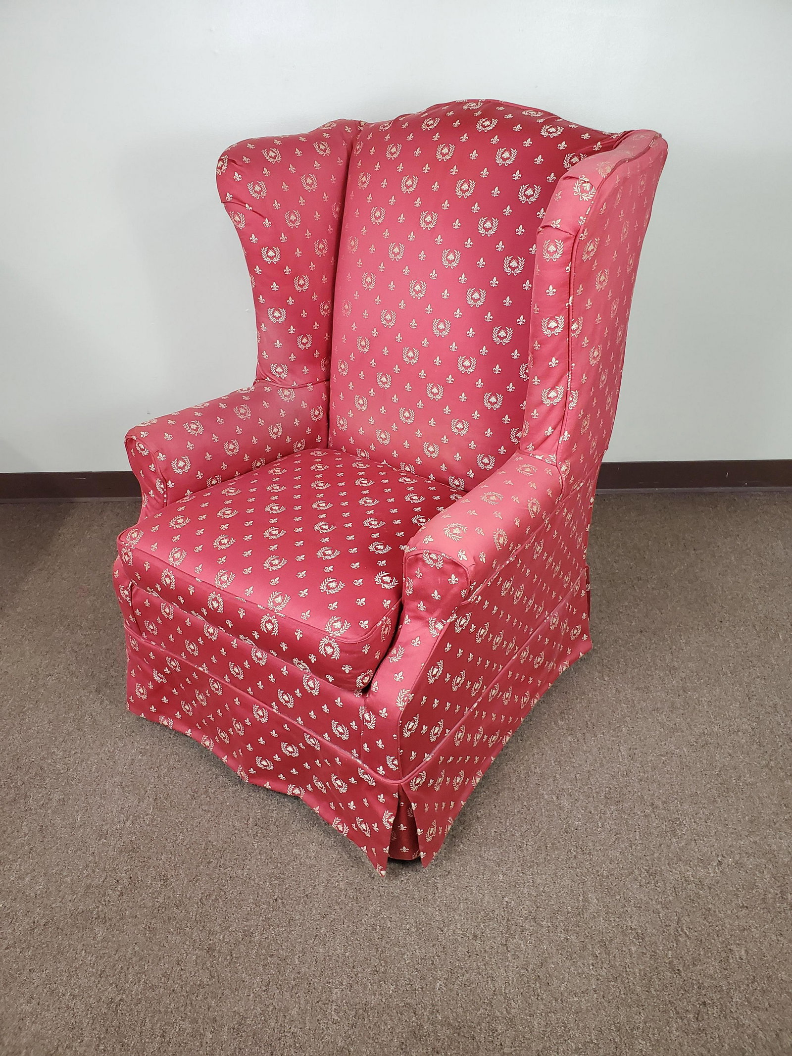 Wingback Arm Chair: 31" wide X 31" deep X 42" high. Has some discoloration. IMPORTANT: Before bidding, please read the terms and conditions. When you registered for the auction you agreed to these terms and will be requi